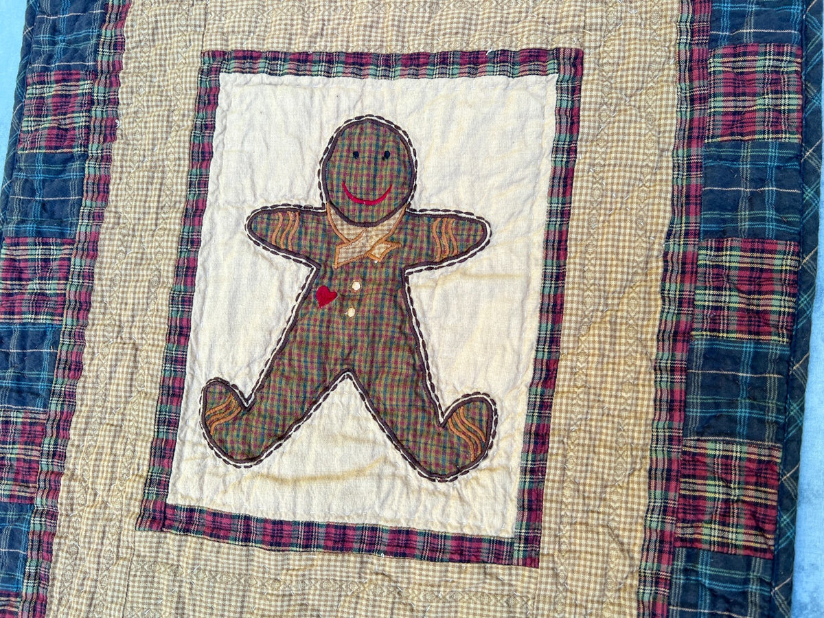 50"x17" Gingerbread Plaid Table Runner Quilt 100% Cotton Handmade Hand Quilted