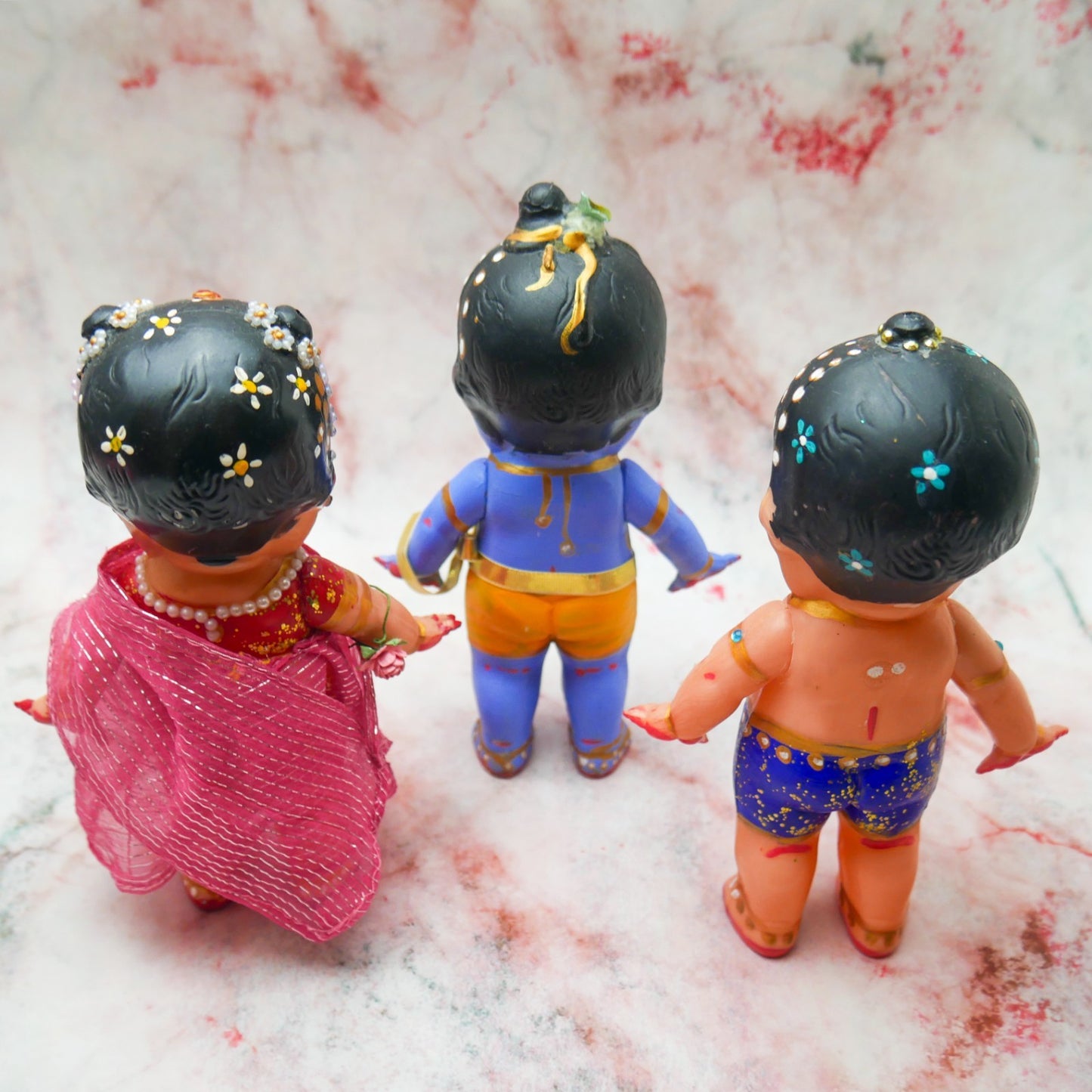 Handmade Hand-painted Resin Sri Radha Krishna Balaram Deity Doll Set VTG 7"