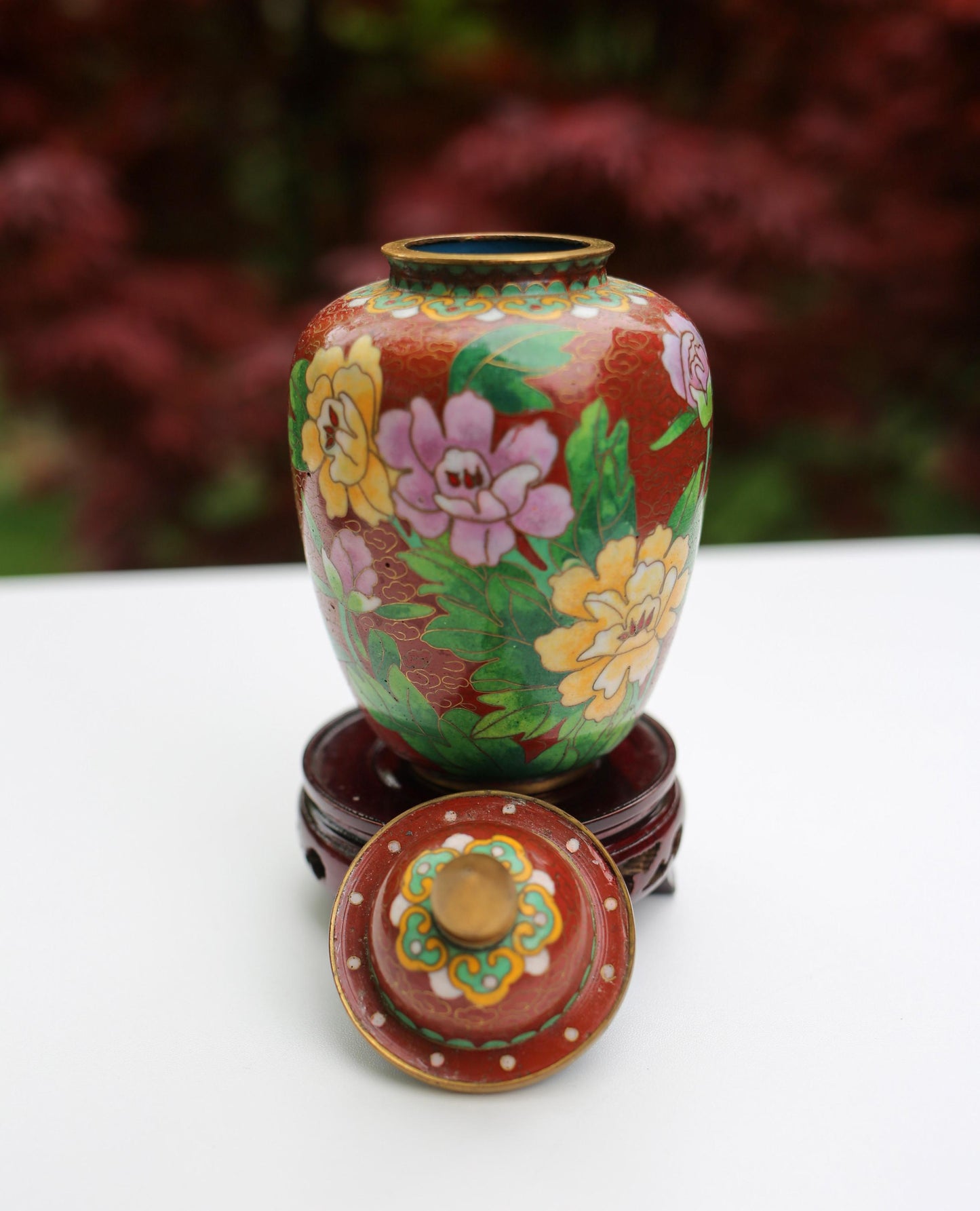 Vintage Chinese Floral Cloisonné Enameled Lidded Urn Vase On Wooden Stand