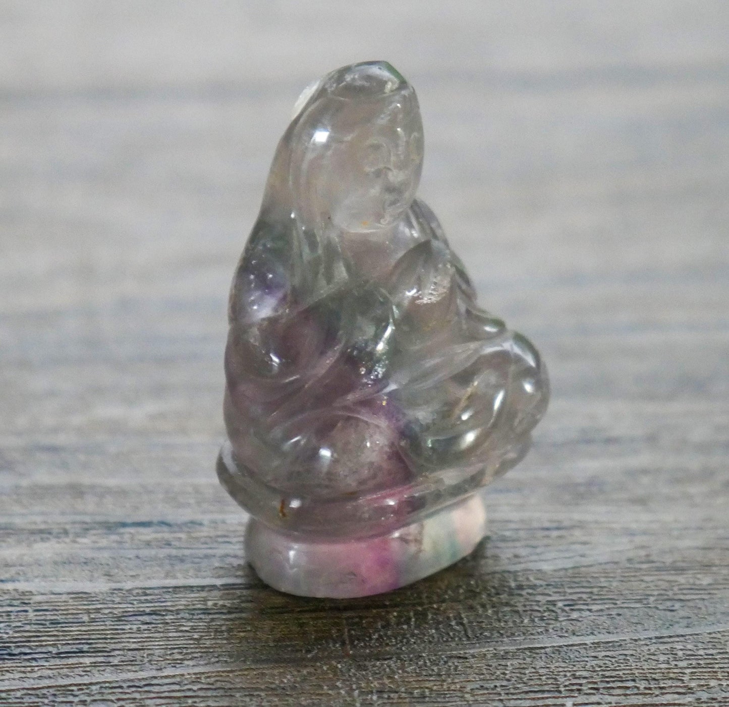 Chinese Carved Rainbow Fluorite Stone Guanyin Buddha Pocket Statue - 1.75" Tall