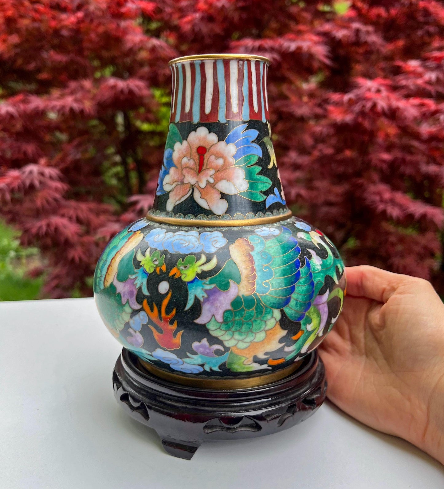 Absolutely Stunning Vintage Phoenix Birds Enameled Cloisonné Vase On Wooden Stand