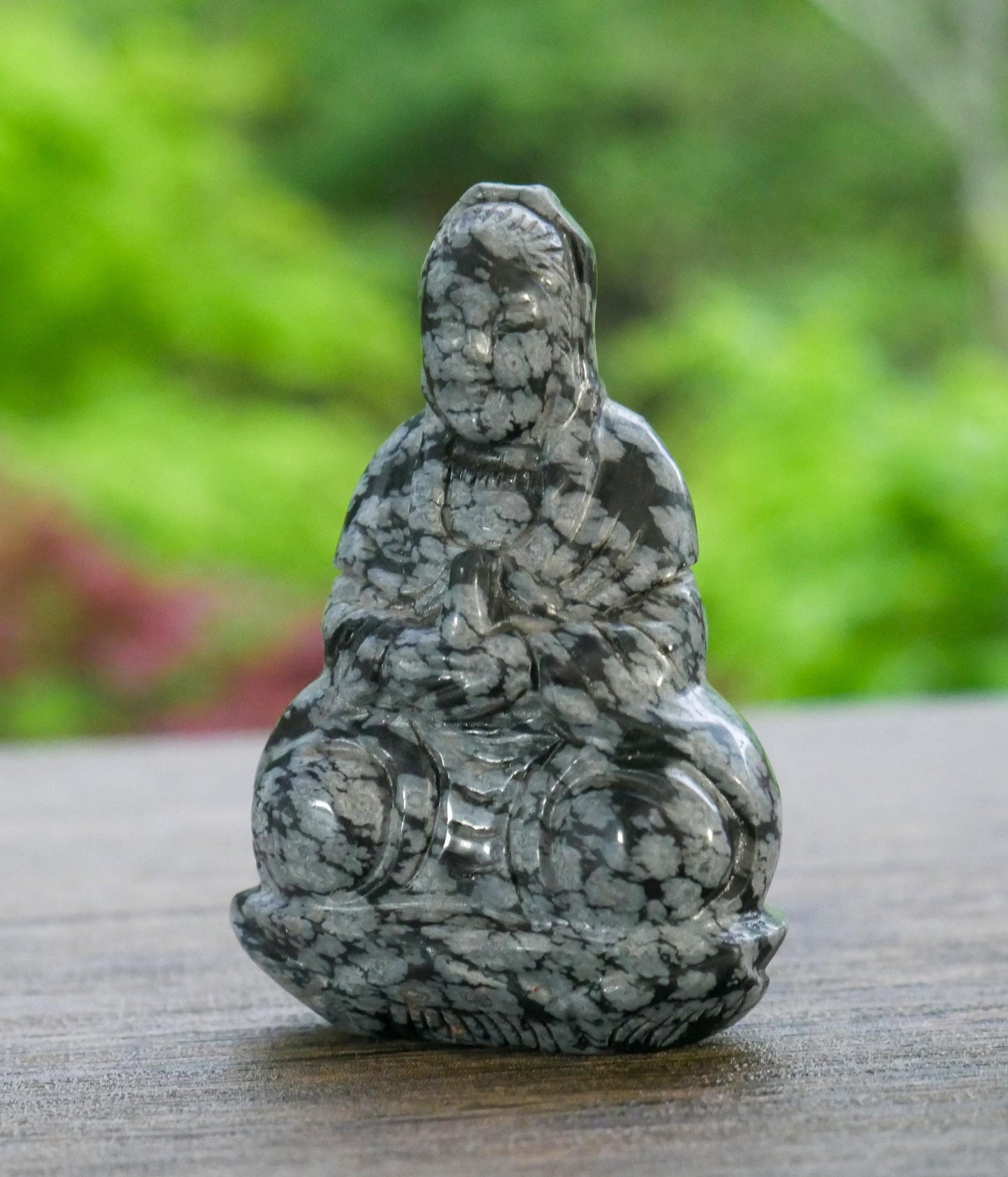 Snowflake Obsidian Crystal Gemstone Carved Guanyin Buddha Statue Figurine - 3" Tall
