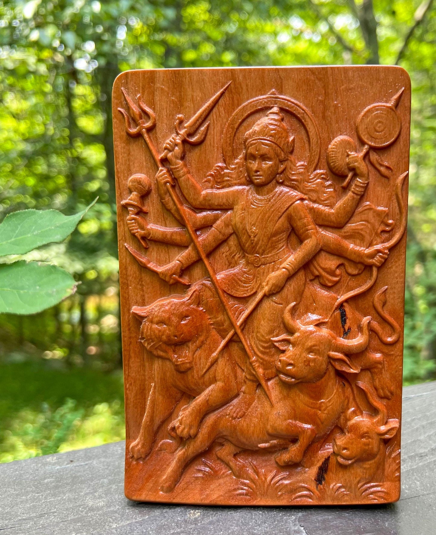 Standing Durga Maa Mahishasura Cherry Wood Carving Relief | Warrior Goddess