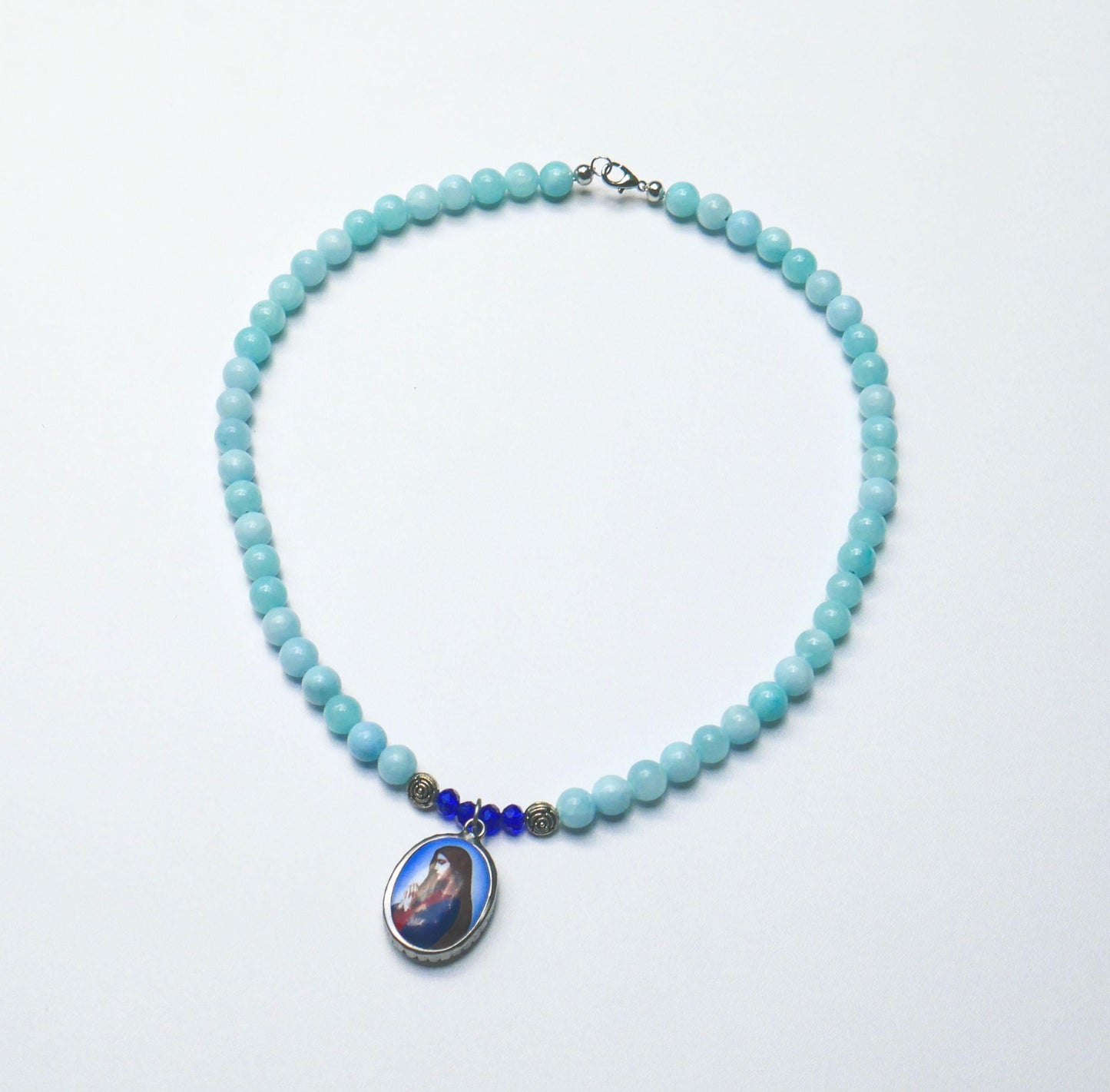 Handmade Aquamarine Beaded Mother Mary Pendant Necklace – Spiritual Jewelry Gift