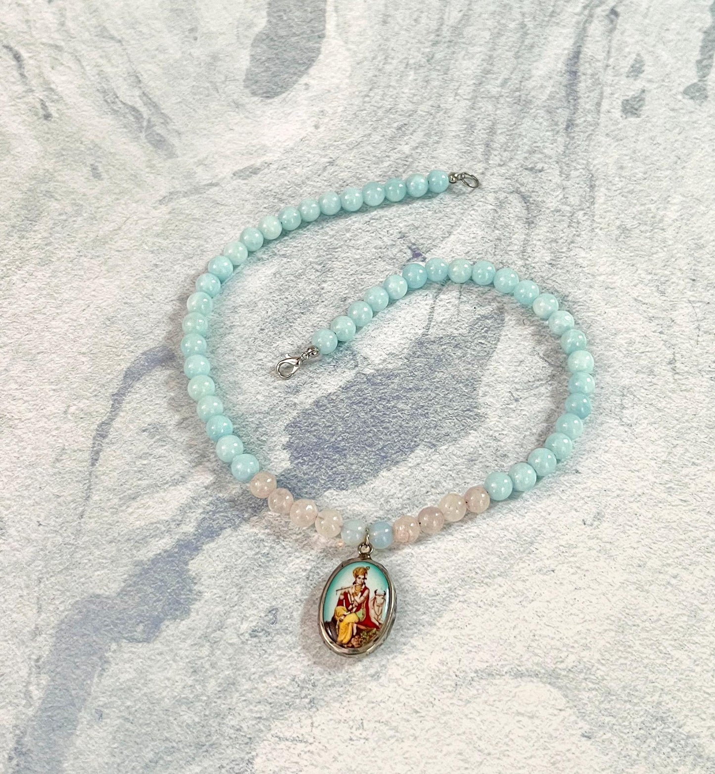 Krishna Rose Quartz Pendant Necklace | Handmade Gemstone Blessing Jewelry Gift - 18" Long