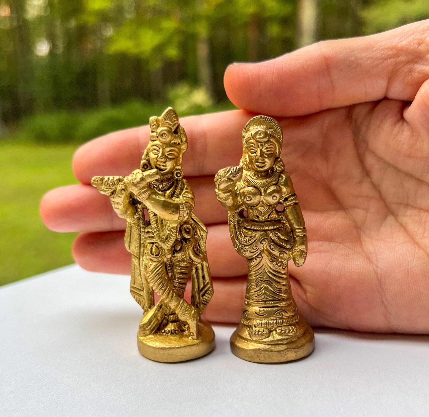 Vintage Miniature Brass Travel Krishna & Radha Statue Set – Hindu God Goddess