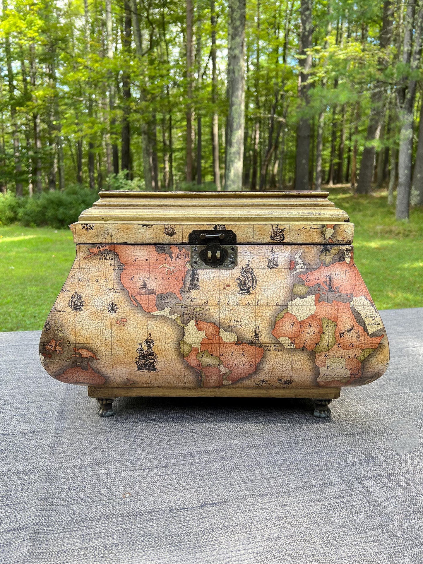 Vintage Leather World Map Wooden Handled Footed Storage Trunk Chest Box - 18" Wide