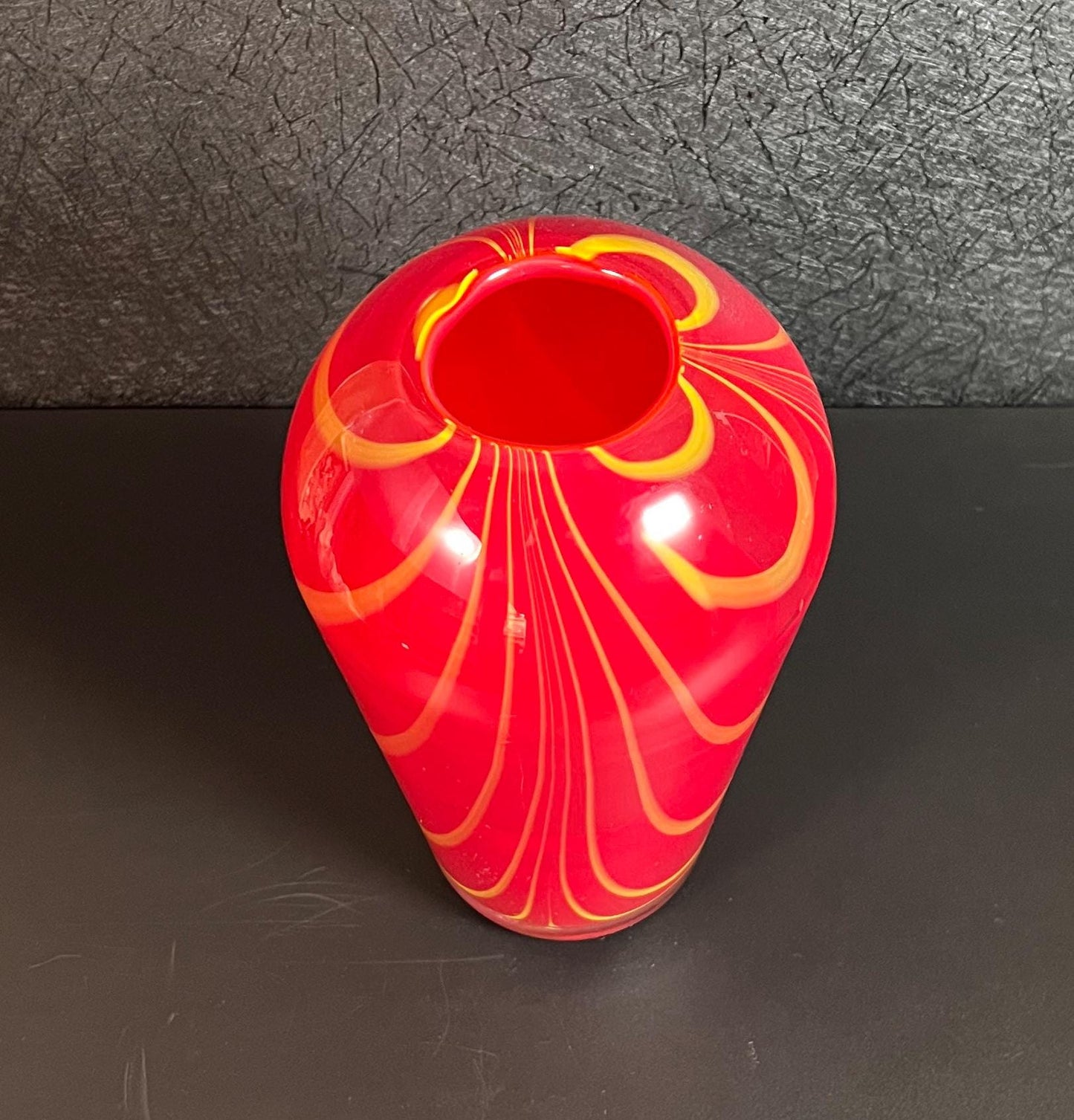 Vintage Red and Yellow Pulled Feather Hand-blown Art Glass Vase - 9.25" Tall