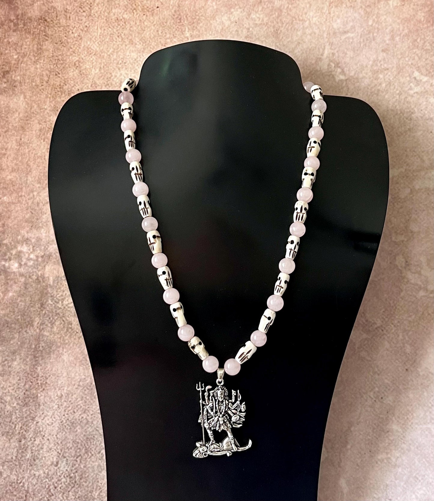 Kali Maa Necklace | Handmade Hinduism Goddess Rose Quartz Jewelry Gift - 19" Long