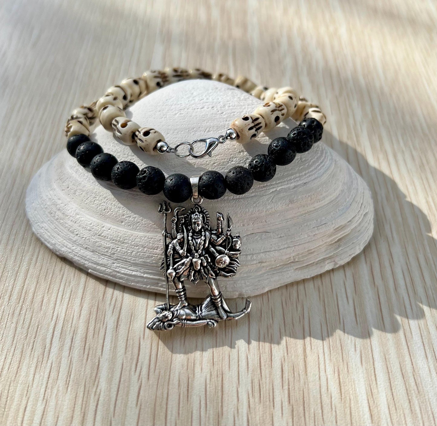 Kali Maa Necklace | Handmade Carved Beads Hinduism Goddess Jewelry Gift - 18" Long