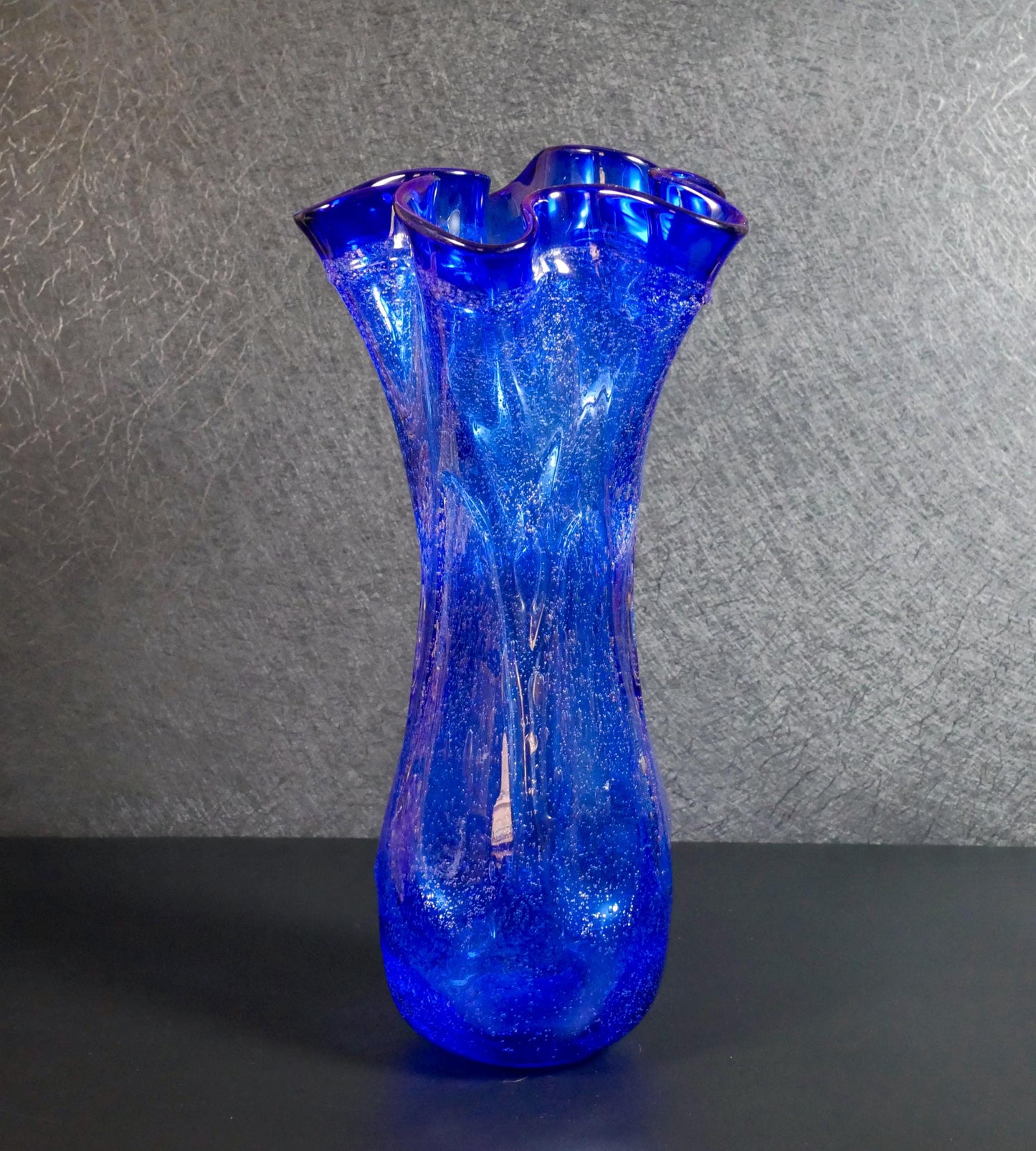 Vintage Hand-Blown Cobalt Blue Ruffled Rim Art Glass Vase - 13" Tall
