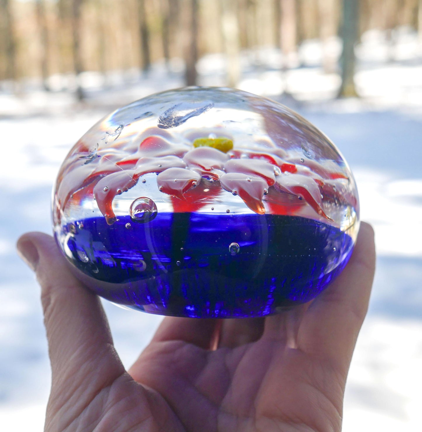 Vintage Art Glass Paperweight Pink Lotus Flower Cobalt Blue Controlled Bubble