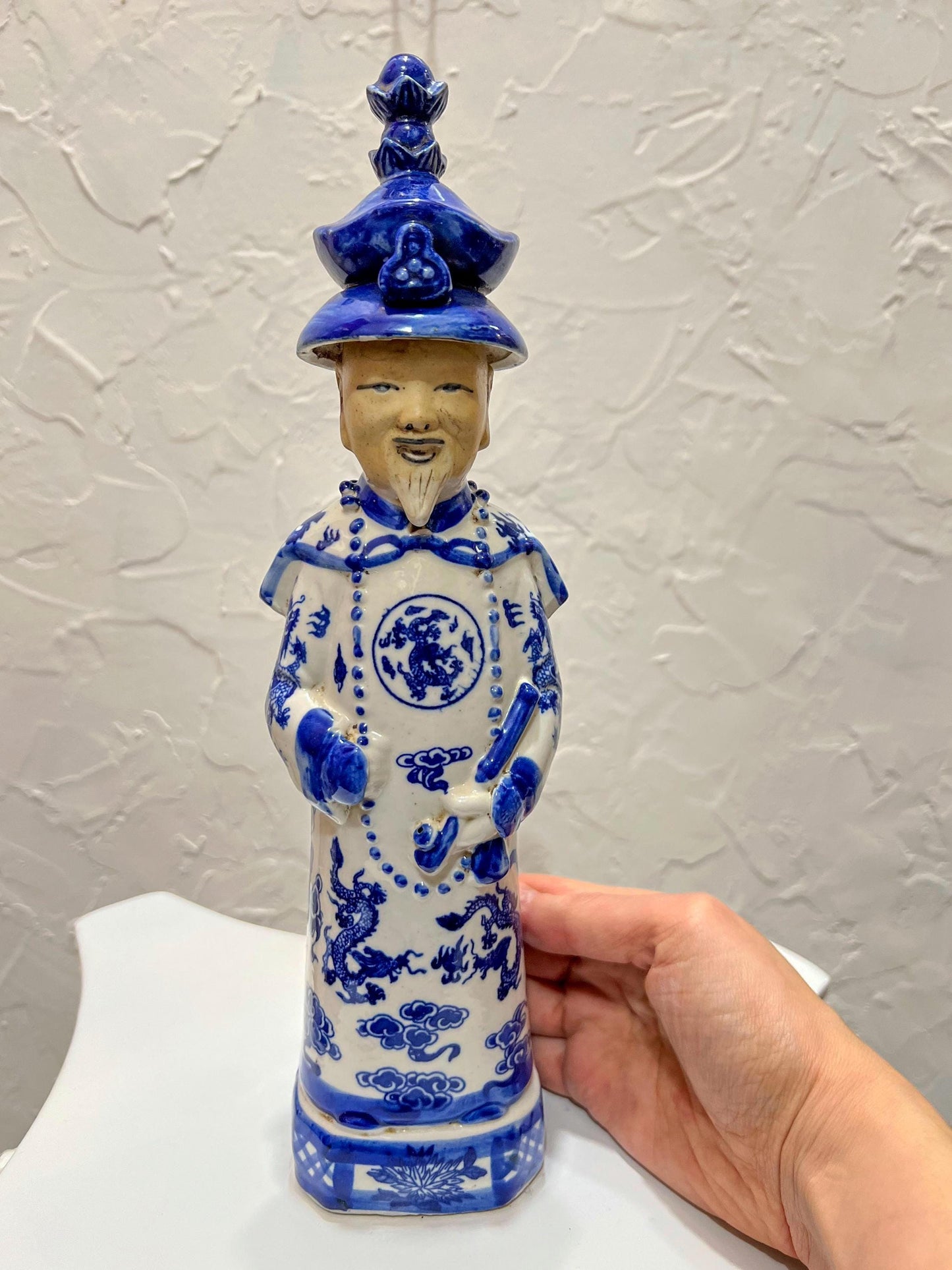 Vintage Chinese Blue and White Glazed Porcelain Qing Emperor Figurine Statue - 11.5" Tall