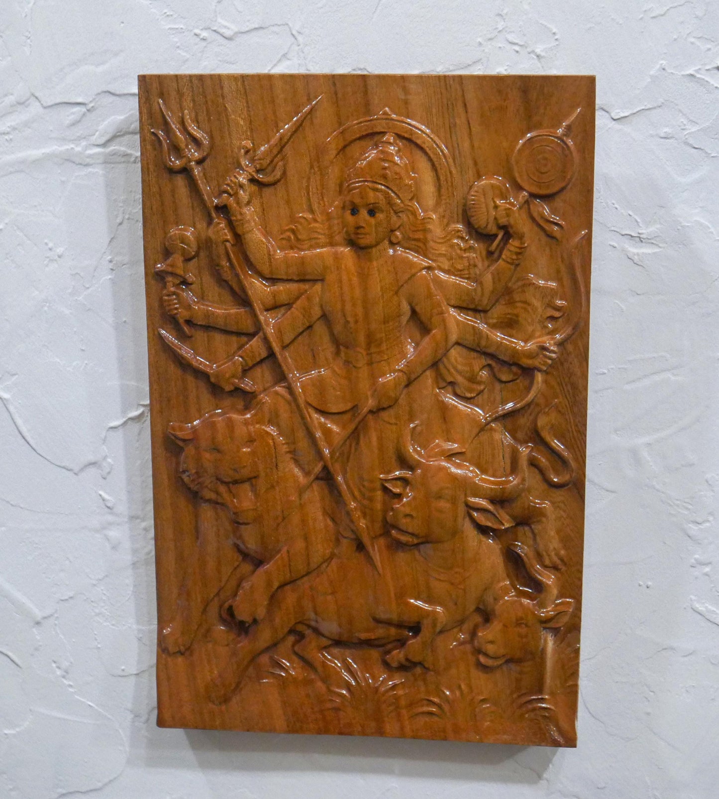 12" Tall Durga Maa Mahishasura Carving Relief Wall Plaque | Hindu Warrior Goddess