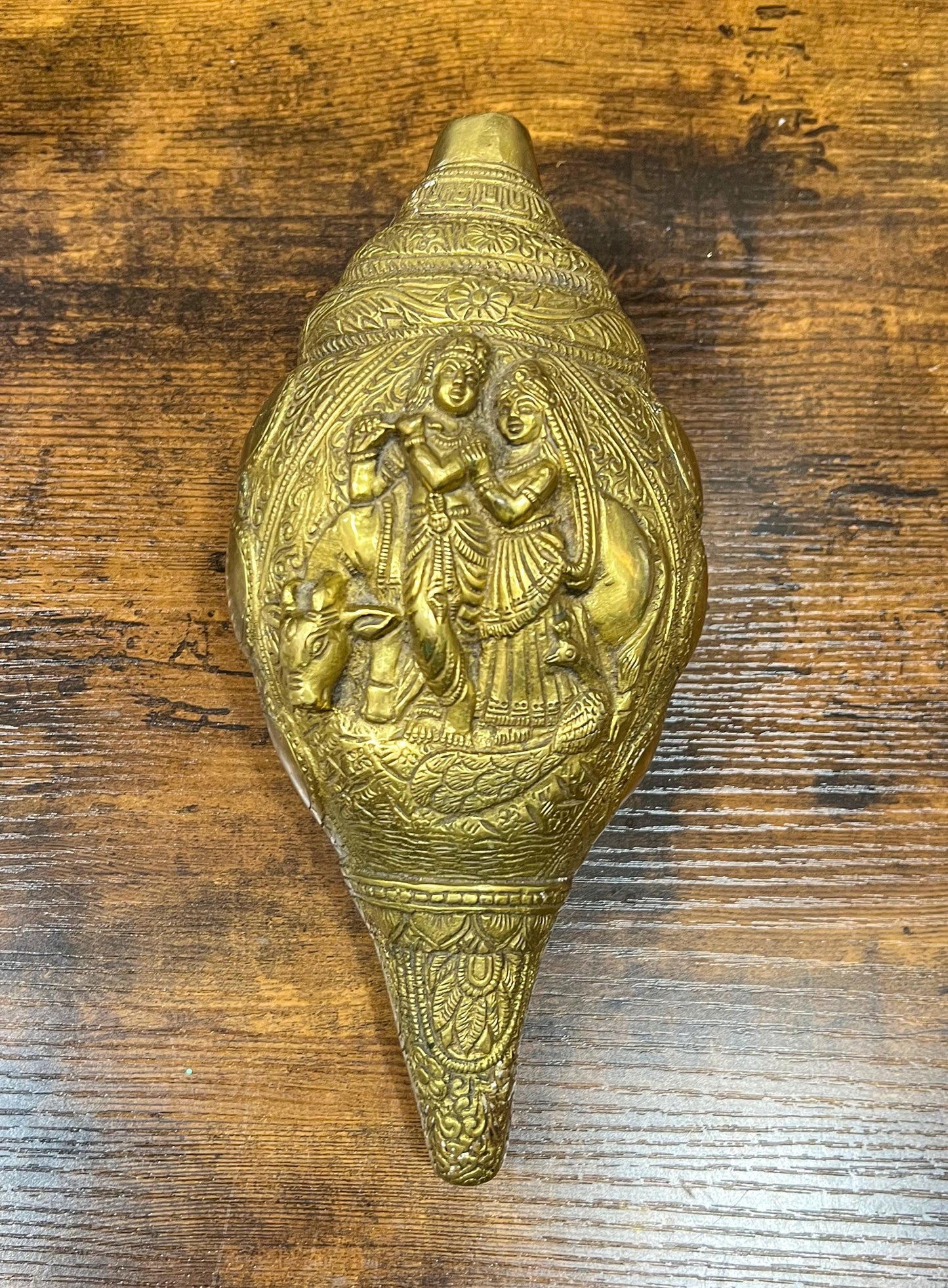 Vintage Brass Radha Krishna Shankh | Religious Hindu Trumpet Conch - 9.5" Long