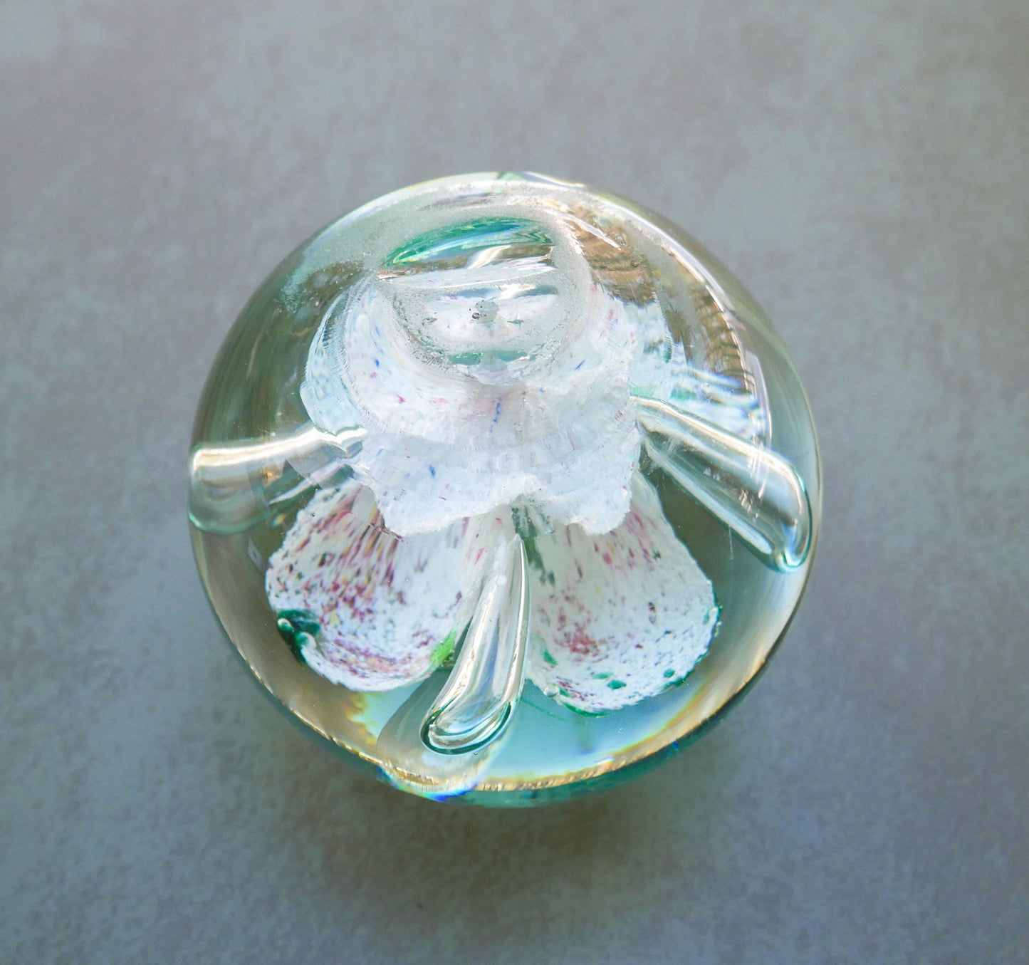 4" Heavy Vintage Hand Blown Art Glass Paperweight with Floral Inclusion