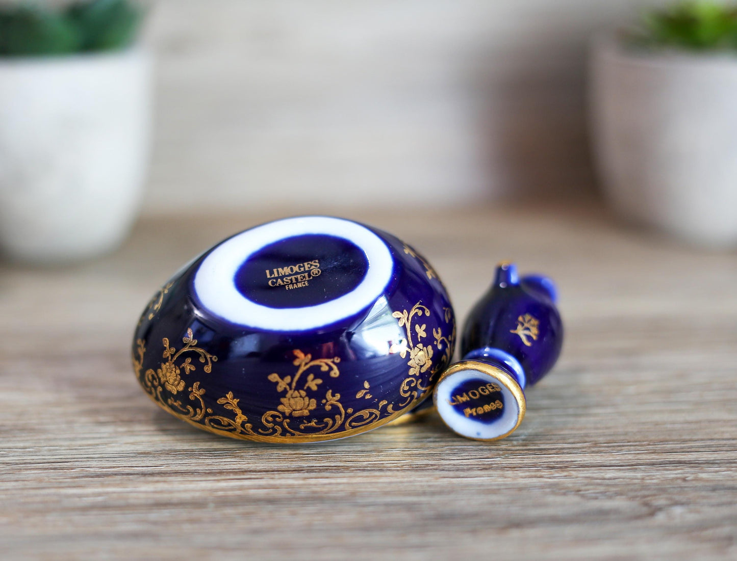 Vintage Limoges Castel Porcelain Trinket Cobalt Egg Gold Trim and Retired Miniature Urn