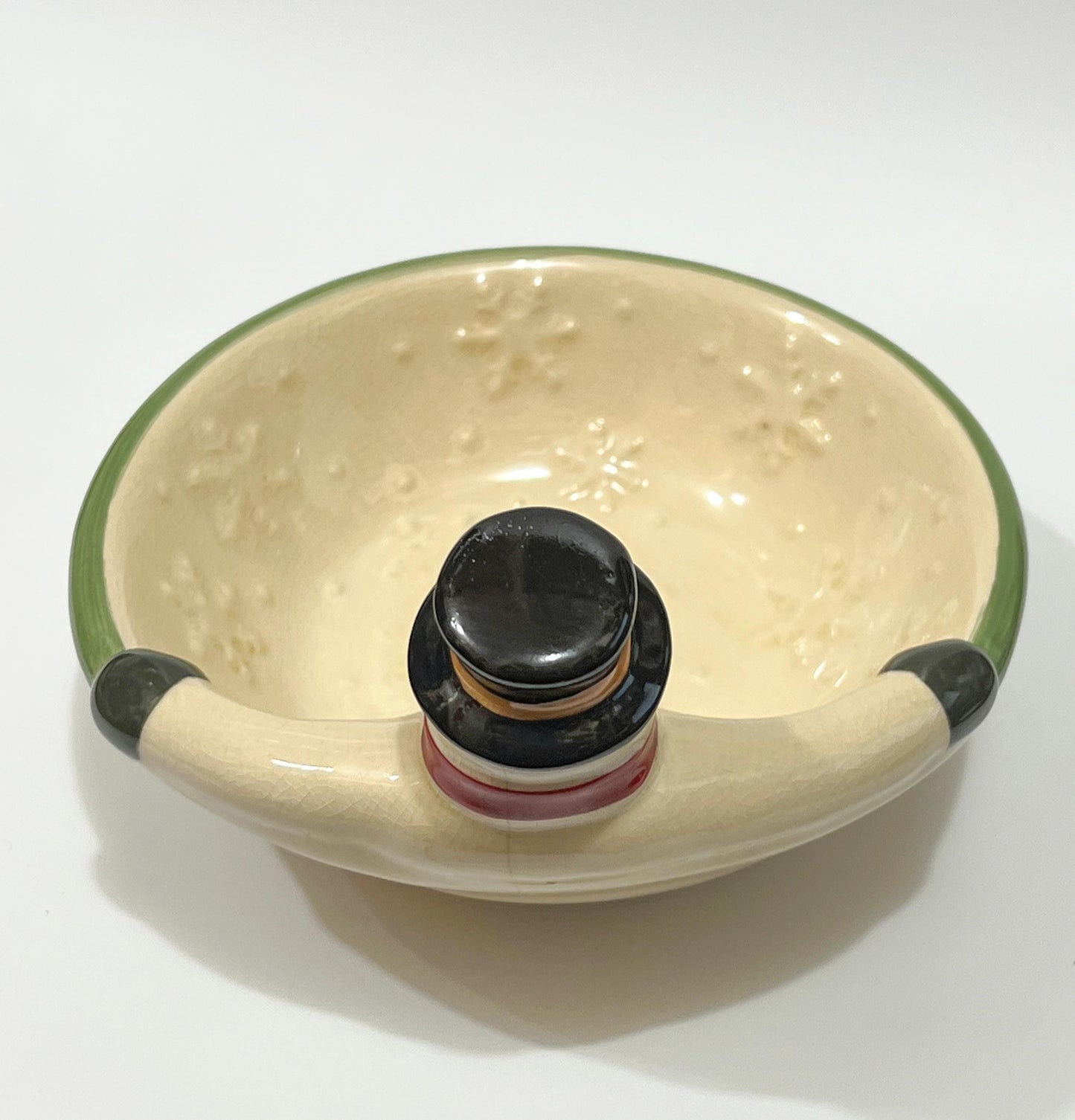 Vintage Russ Berrie Crackle Ceramic Snowman Christmas Holiday Candy Serving Bowl