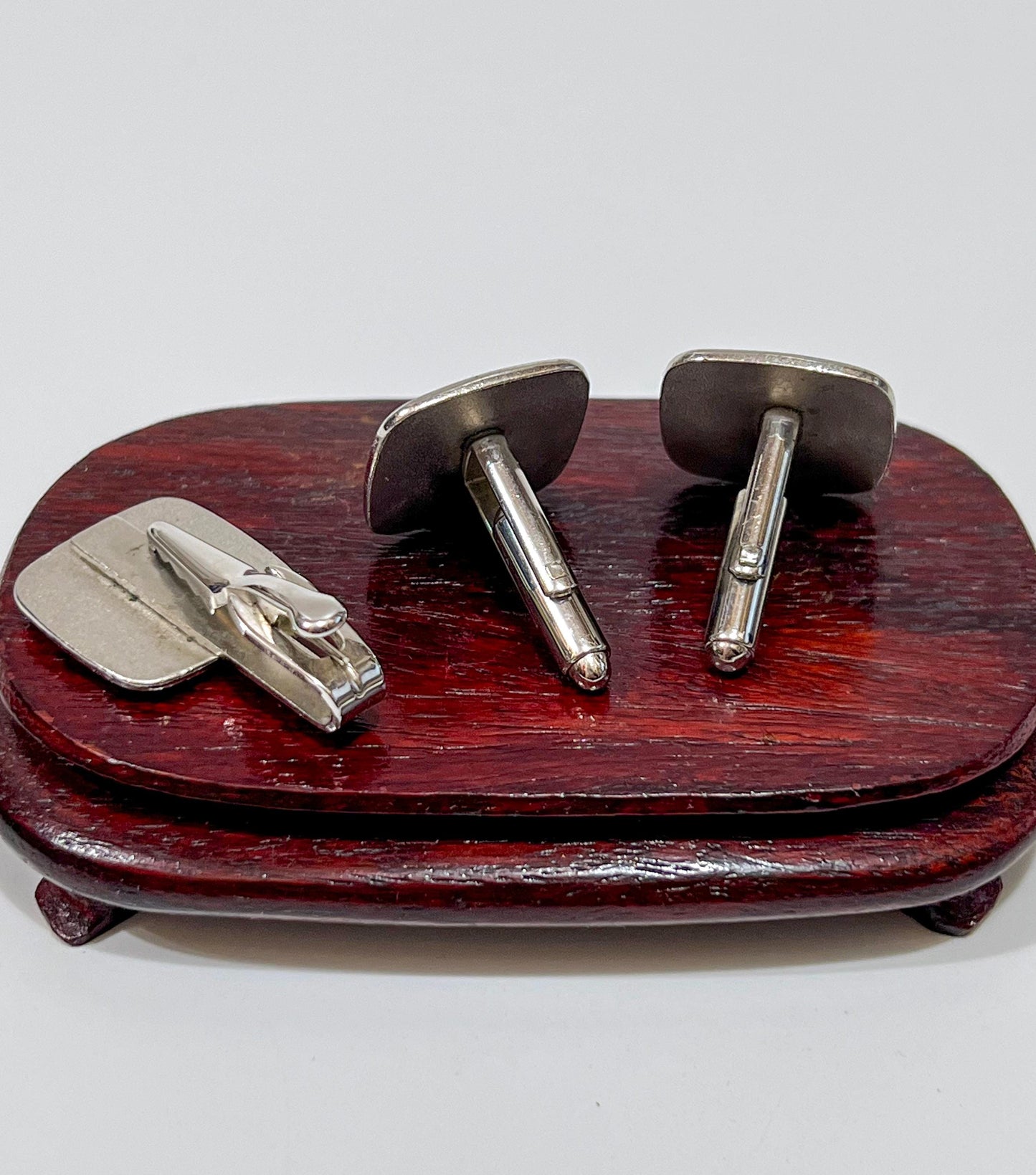 Vintage Black Enamel Silver Plated Fishing Fisherman Cufflink and Tie Clip