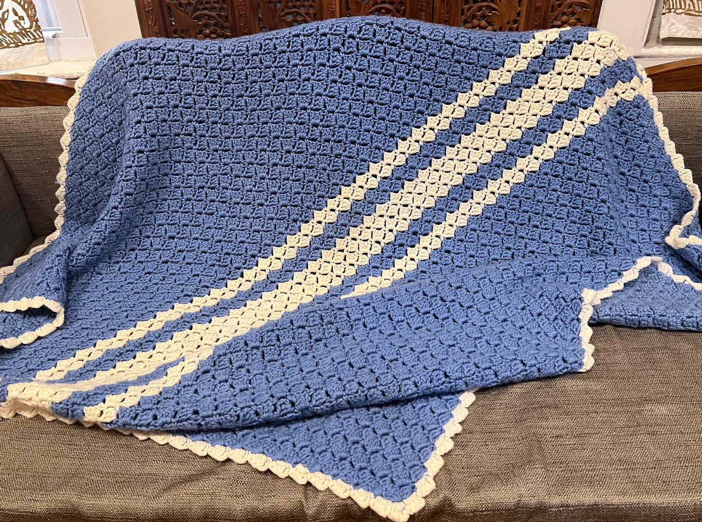 Vintage Handmade Granny Knitted Crochet Baby Blanket Sofa Throw 50"x40"