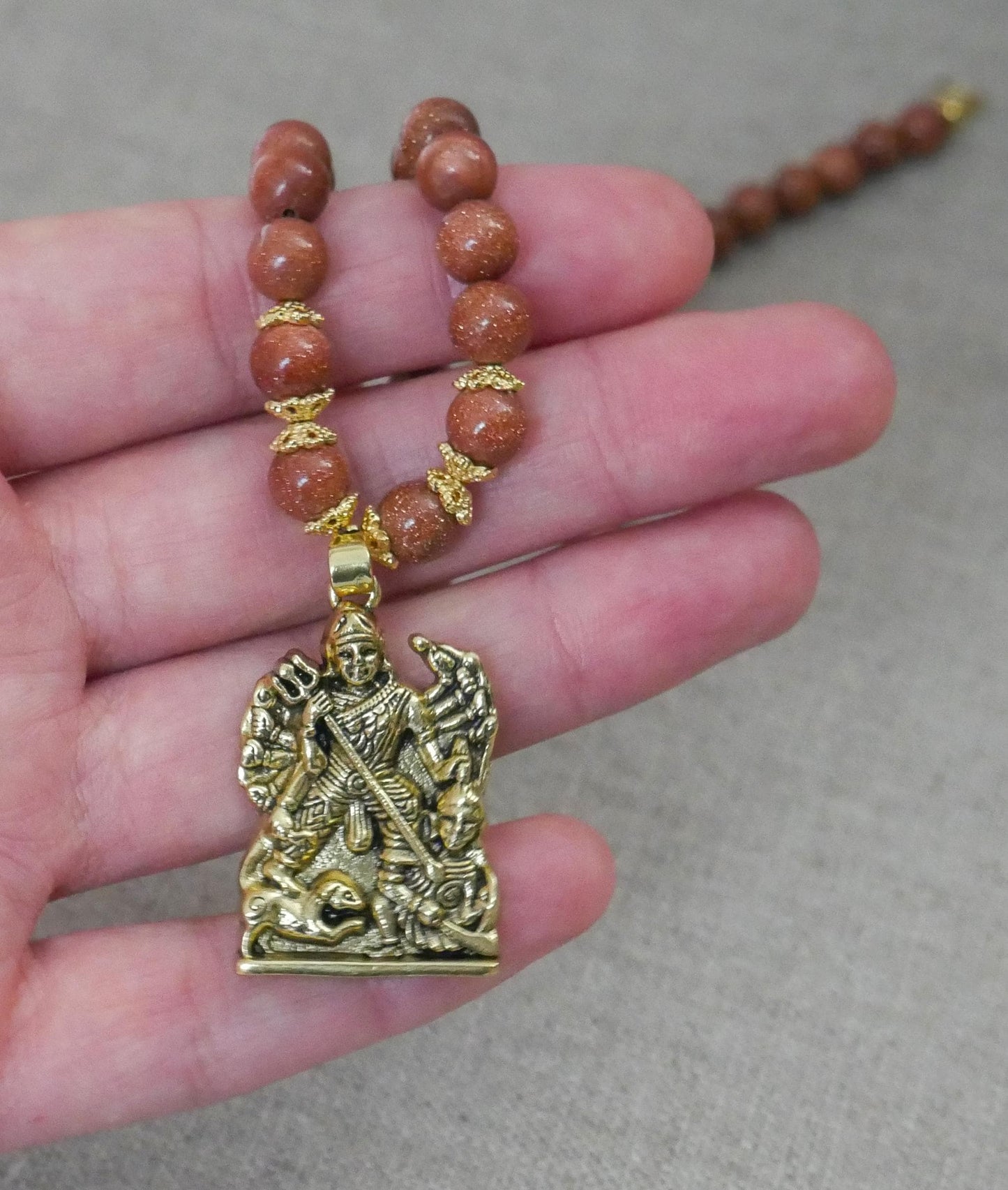 18" Durga Maa Gold Sandstone Beads Necklace Hindu Goddess Pendant Spiritual Gift