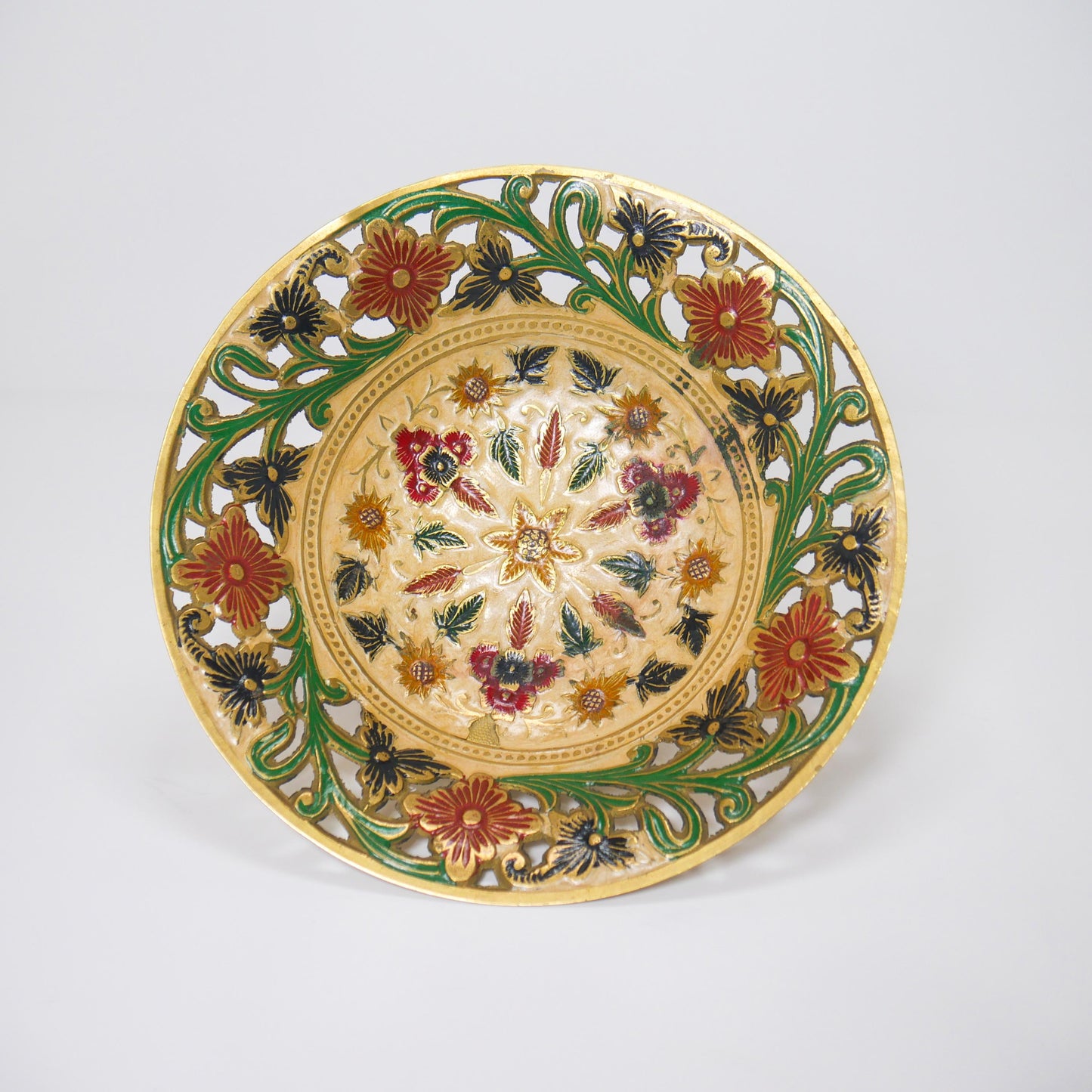 Vintage Brass Footed Enameled Bowls | Pierced Floral Centerpiece Set 7" & 8"