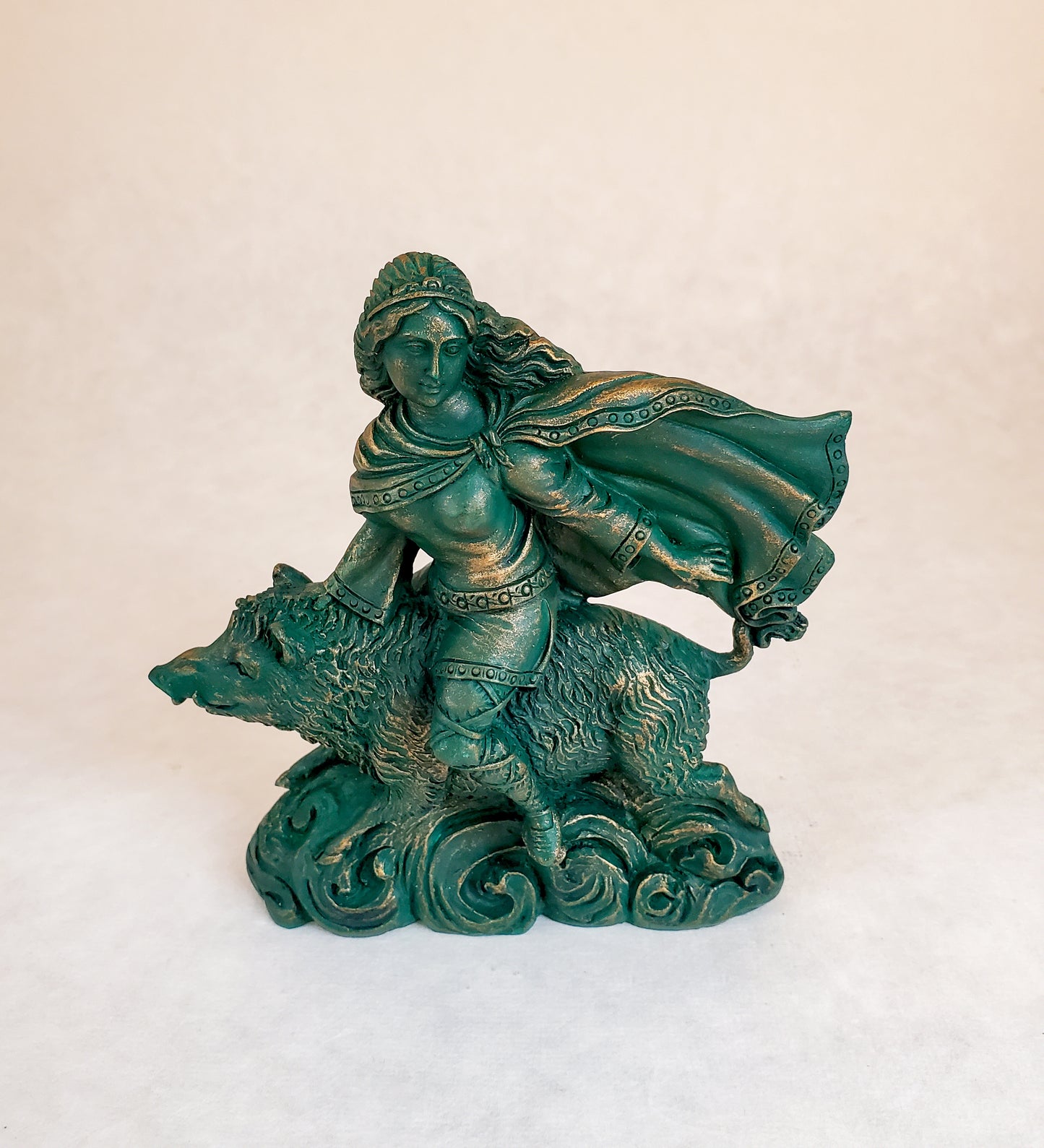 Freya Statue Norse Goddess On Boar Gypumstone Handmade Altar Idol 5.5"