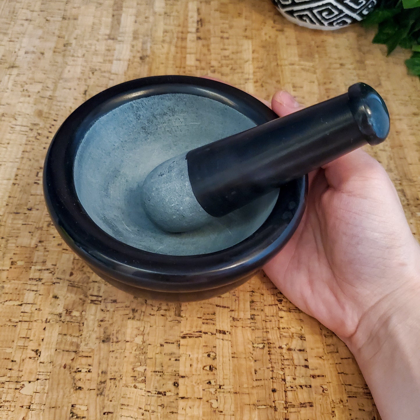 Large Black Marble Mortar and Pestle Set - Handmade Soapstone Kitchen Decor 5"
