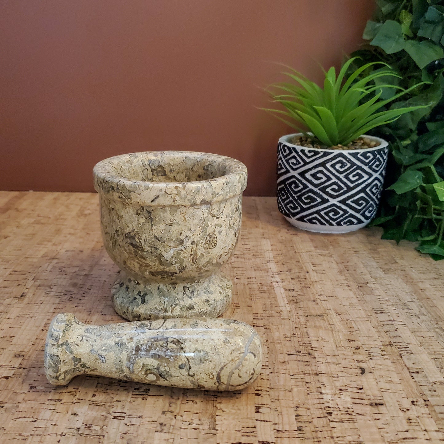Coral Mortar and Pestle Set - Beautiful Handmade Natural Stone Kitchen Decor 4"