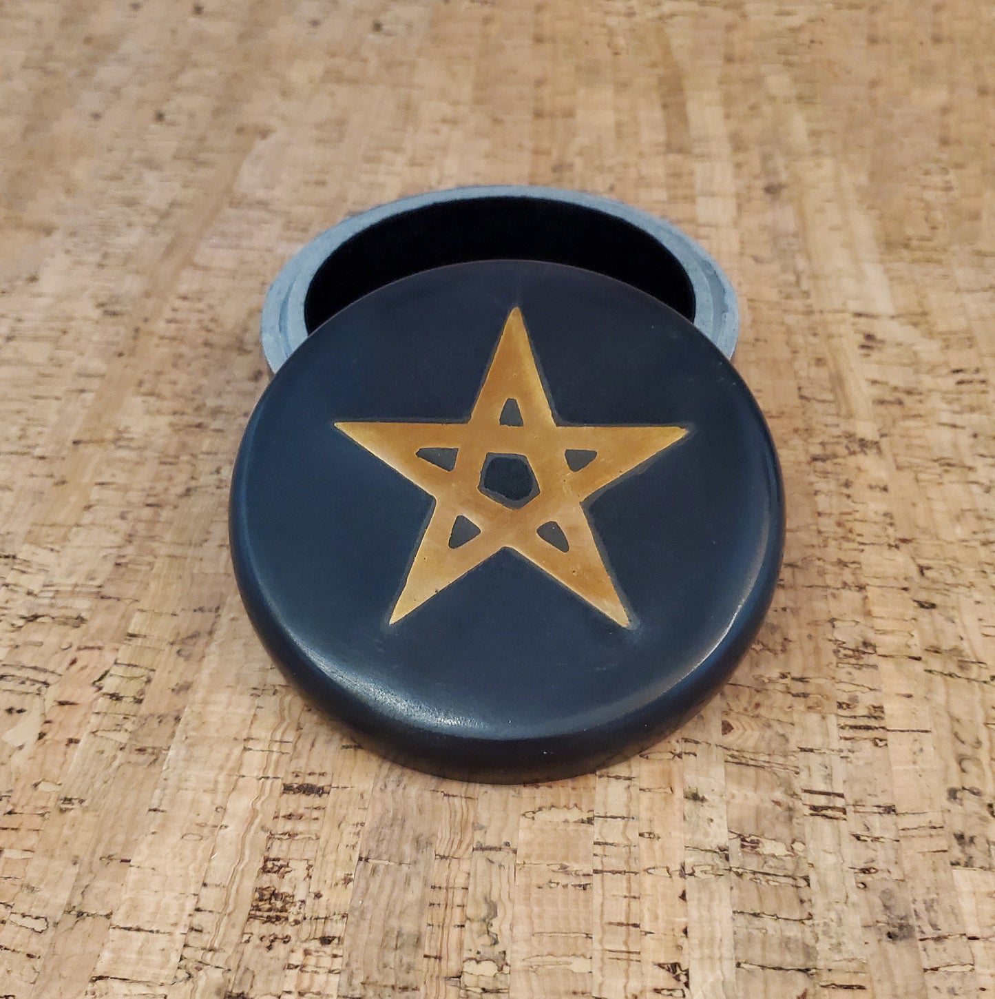 Pentagram Gold Brass Inlay Black Soapstone Trinket Box I Keepsake Handmade Box 4"
