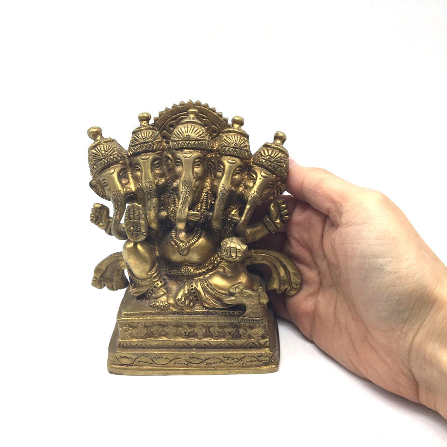 Panchmukhi Ganesha Ganapati Brass Statue Indian Elephant God Murti Statue 4.75"