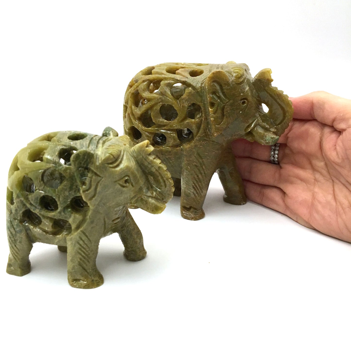 Pair Soapstone Elephants India Handcrafted with Inside Baby Elephant - Green