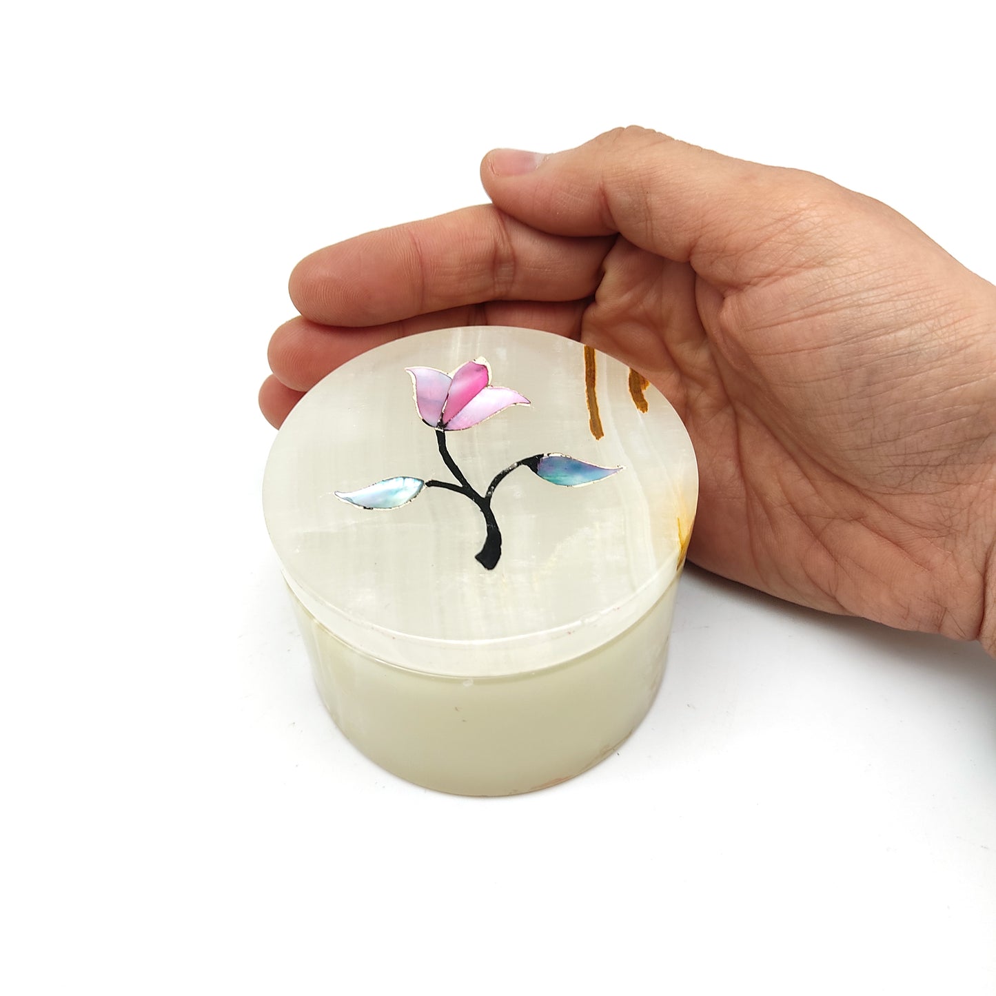 White Onyx Trinket Storage Jewelry Box Hand-painted Flower 2.5" India Handmade