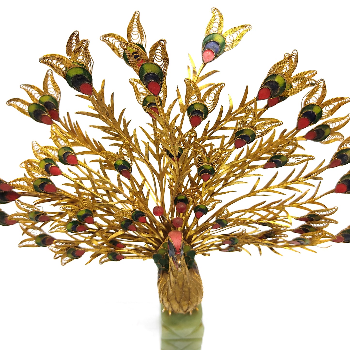 Peacock Cloisonne Sculpture Enamel Filigree Feathers Jade Green Base Statue 10"