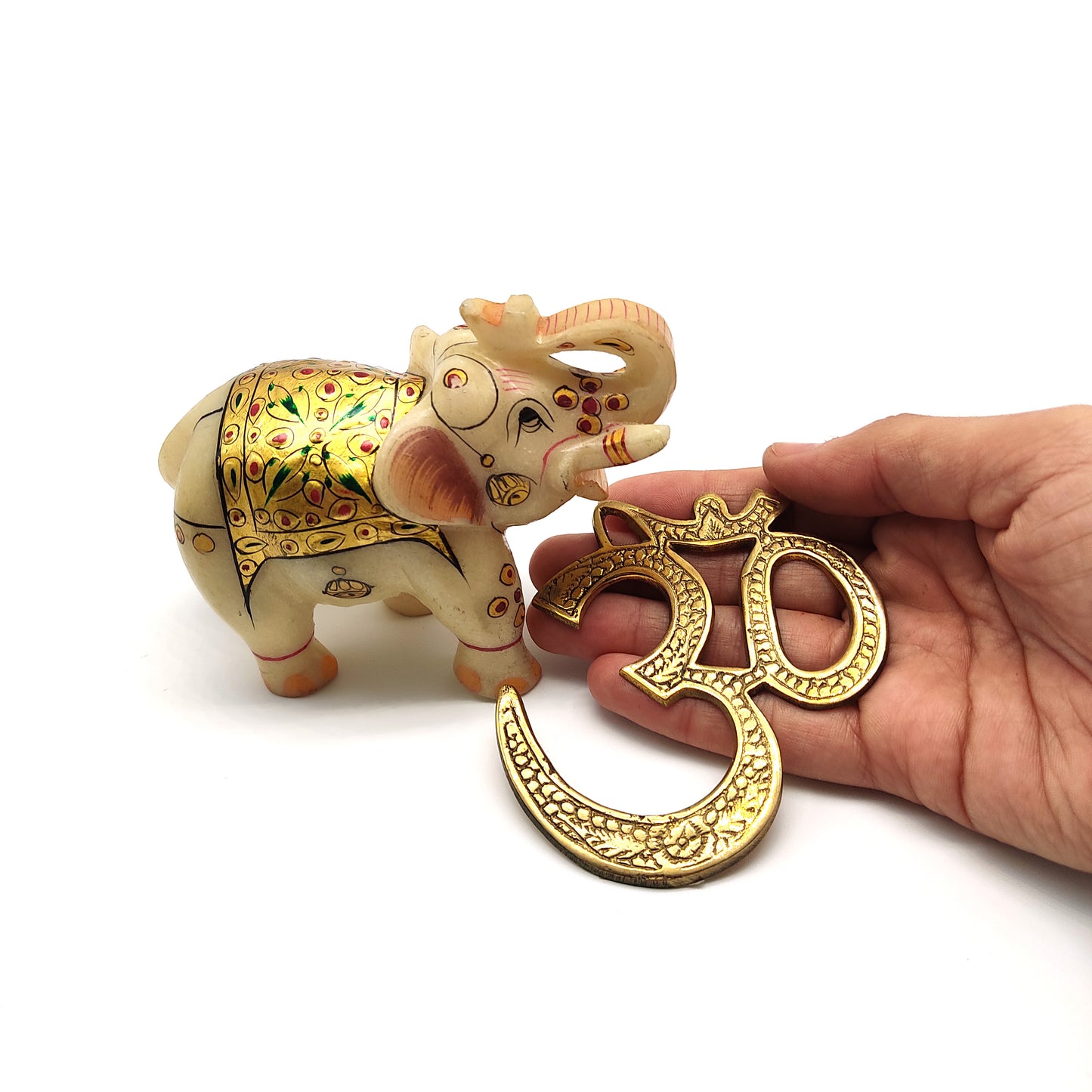 Brass Aum Om Symbol And Elephant Trunk Up Gilded Statue Figurine -Beautiful Set