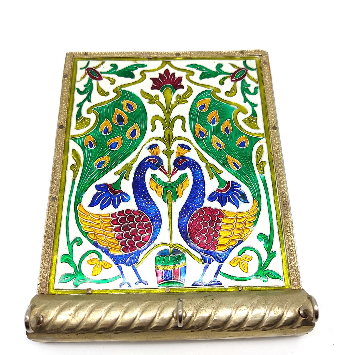 Meenakari Peacocks Design Decorative Wall Mount Hanging Key Holder India 6.5"