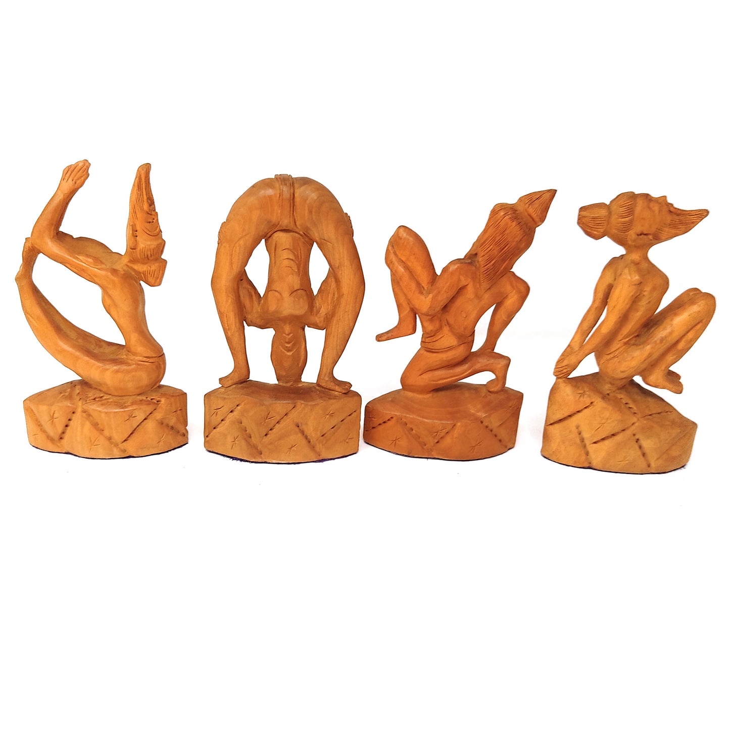 Set of 4 All Wood Yoga Posture Hand-carved Yogi Asana Sculpture Figurine Statue 6"