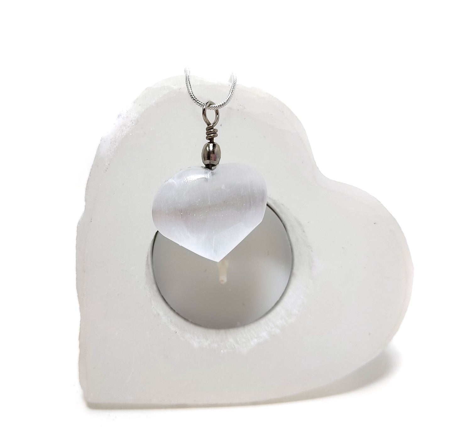Selenite Heart Gift Set Heart Candle Holder and Selenite Heart Pendant Necklace