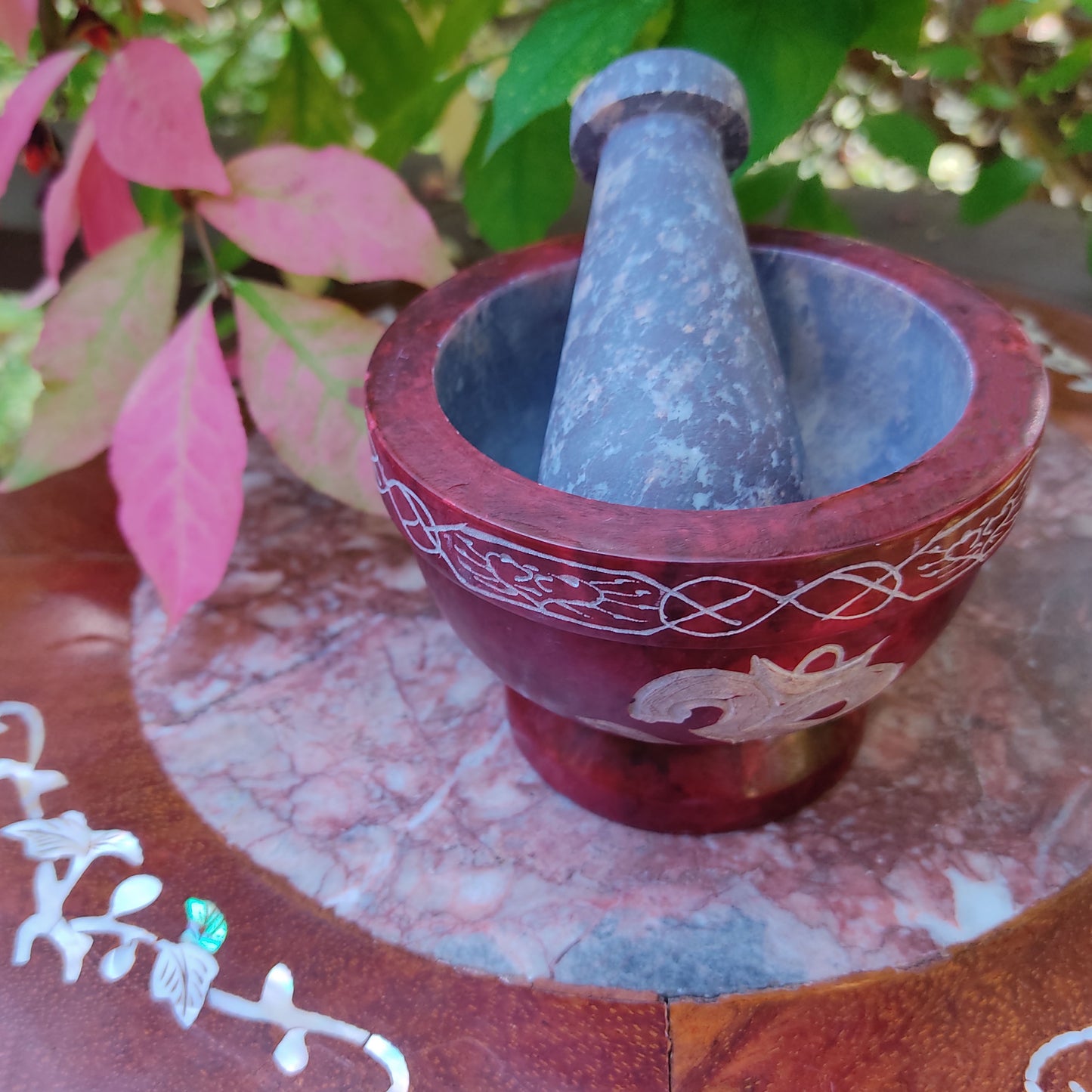 Red Soapstone Om Mortar and Pestle - Handmade - Absolutely Beautiful 3.5" Wide