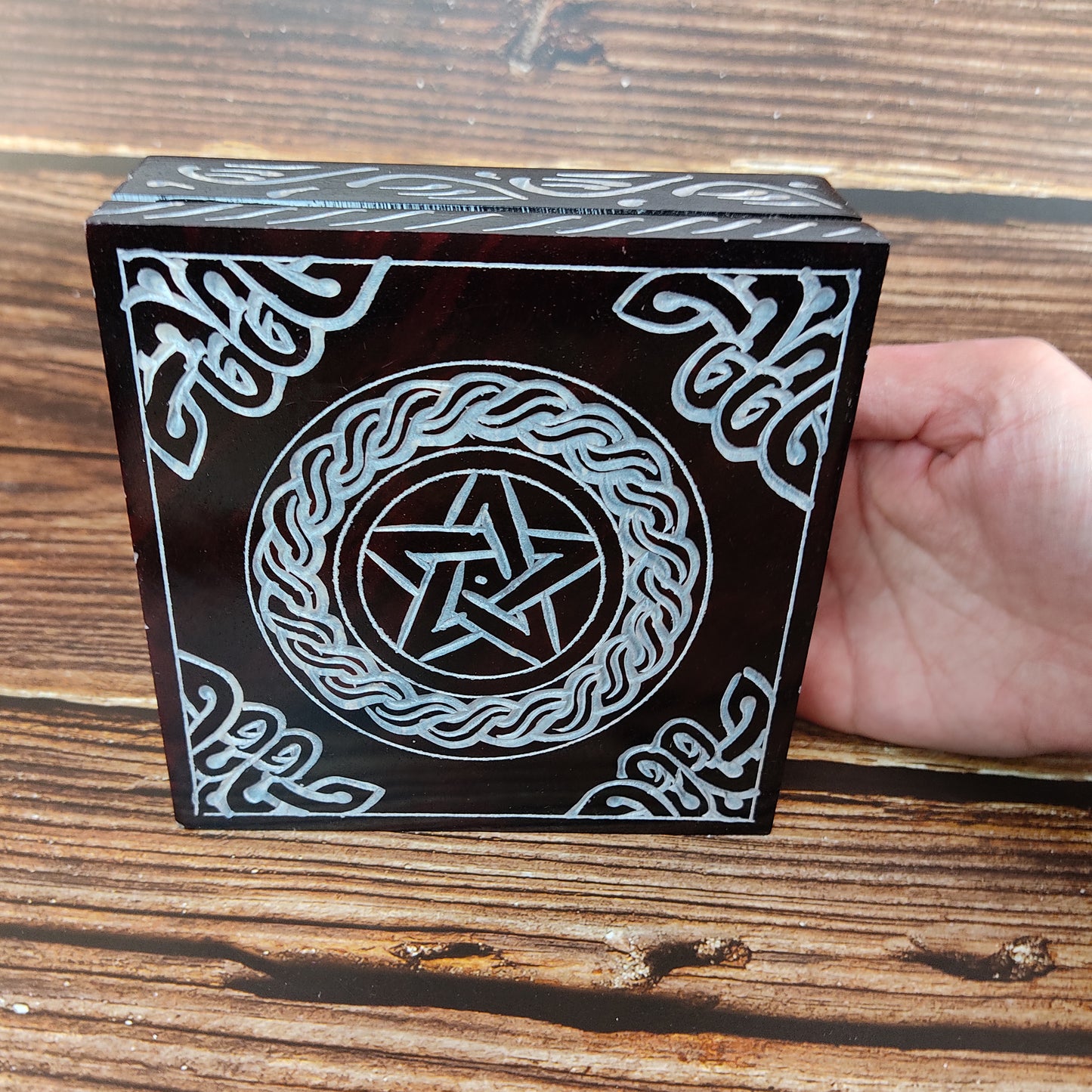 Pentagram Hand-carved Jewelry Box Soapstone Lovely Home Decoration Gift 5"x5"