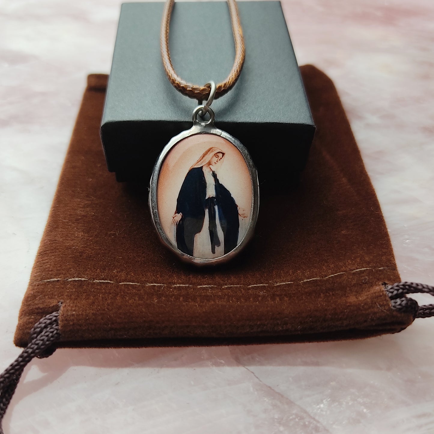 Holy Mary Cross Pendant Necklace 18" Brown Cord Necklace Chain Box Velvet Pouch