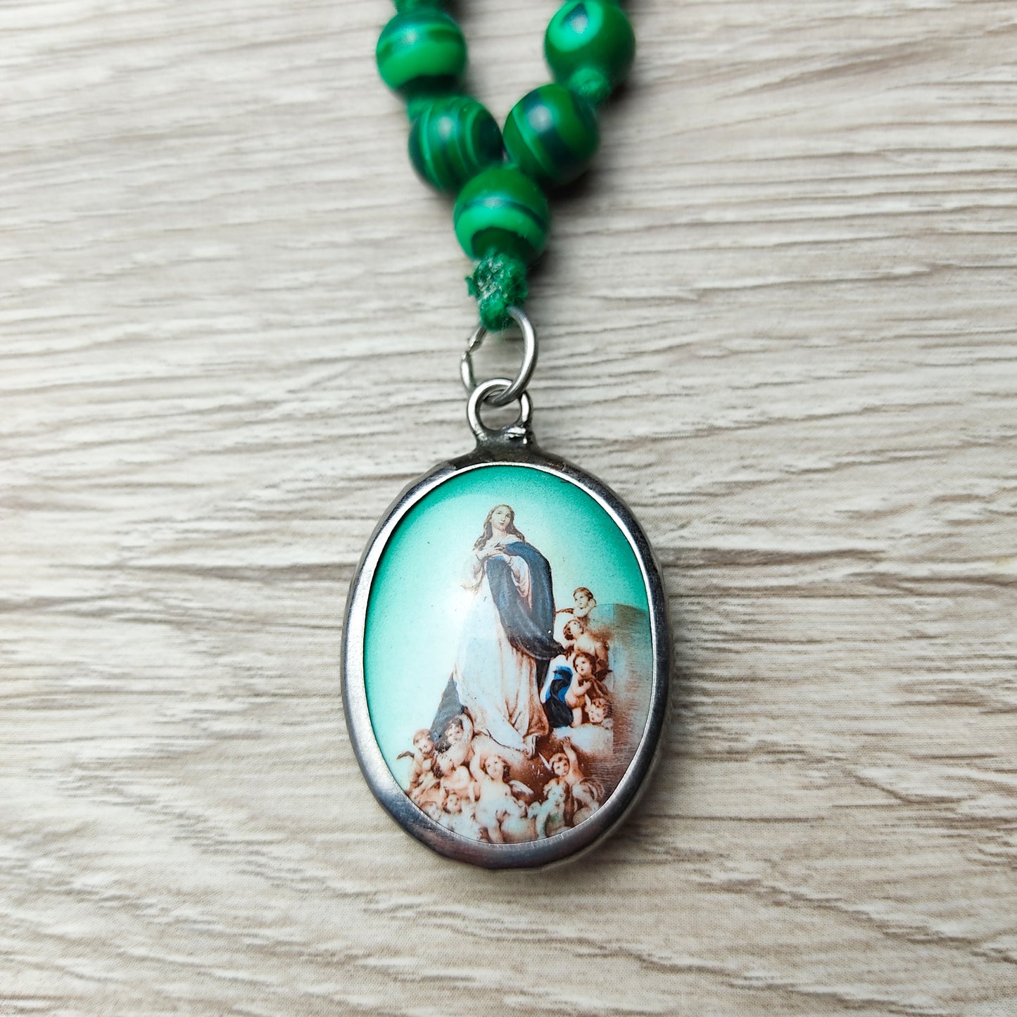 Mary with Angels Pendant Man-made Malachite Beaded Necklace Religion Gift of Love