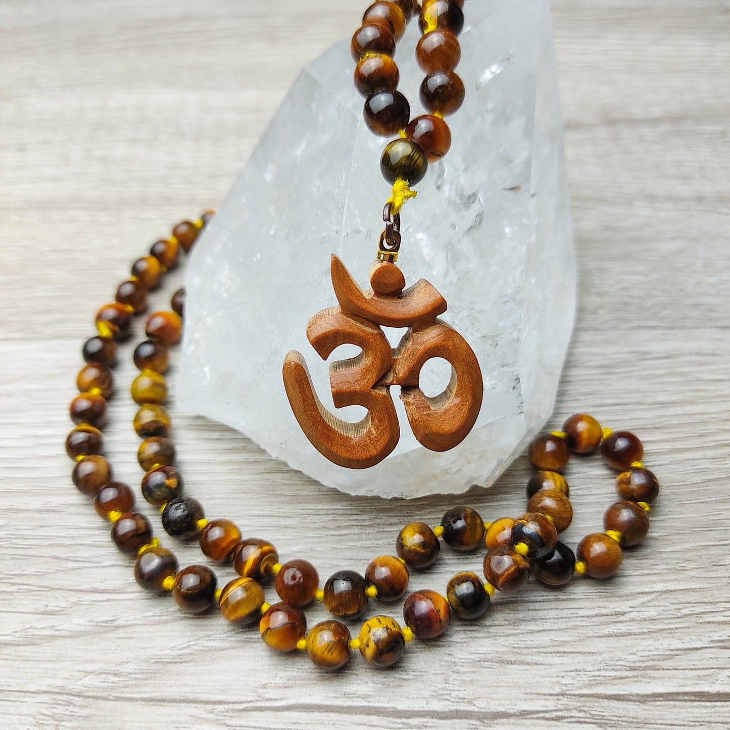 Genuine Tiger Eye Beads Necklace with Sandalwood Om Symbol Pendant Yoga Gift