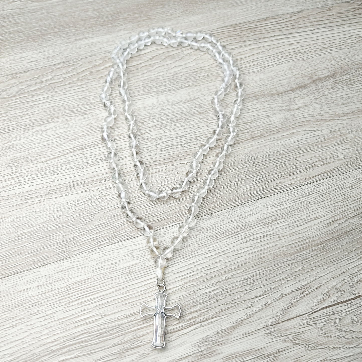 Crystal Quartz Point Wire Wrapped Pendant On Crystal Beads Knotted Mala Necklace