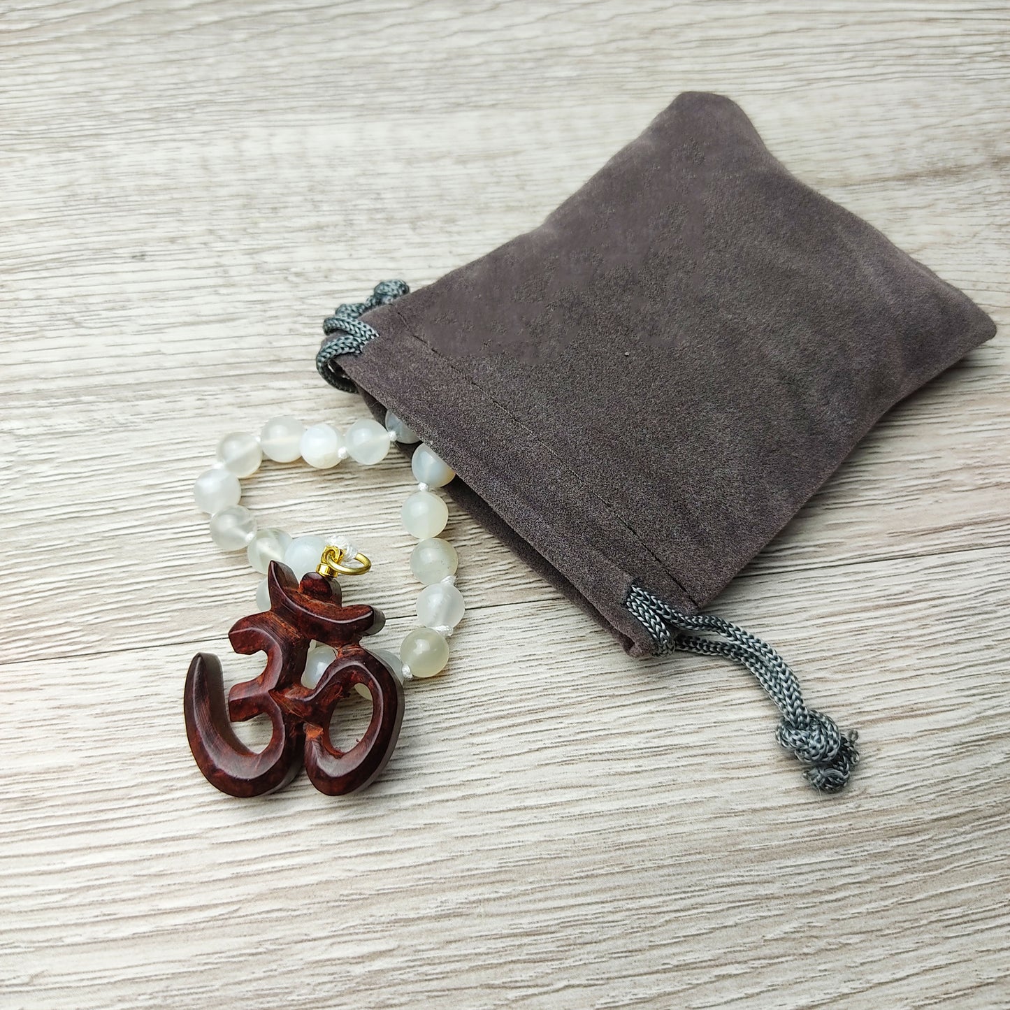 Rainbow Moonstone Beads Necklace with Rosewood Om Symbol Pendant Yoga Gift