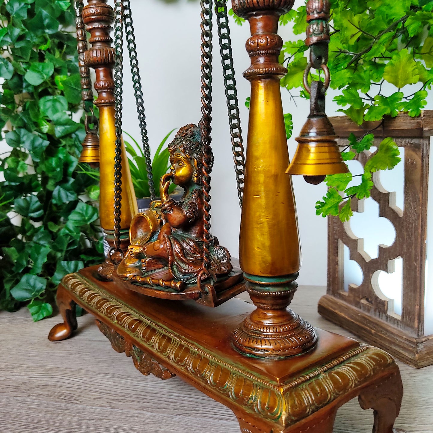 Vintage Baby God Krishna Butter Thief Brass Swing Statue With Bells - 16" Tall