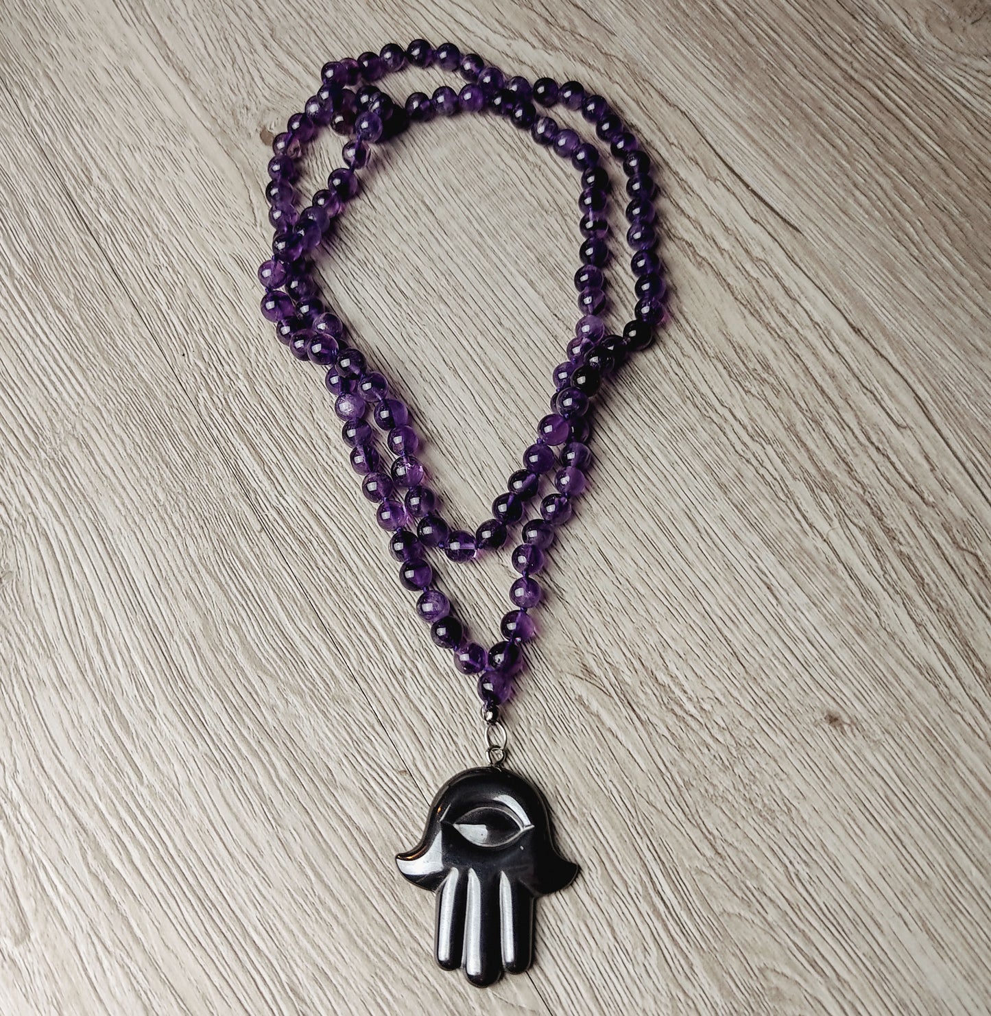 Hematite Hamsa Evil Eye Pendant Real Stone Amethyst Beads Necklace Gift For Him
