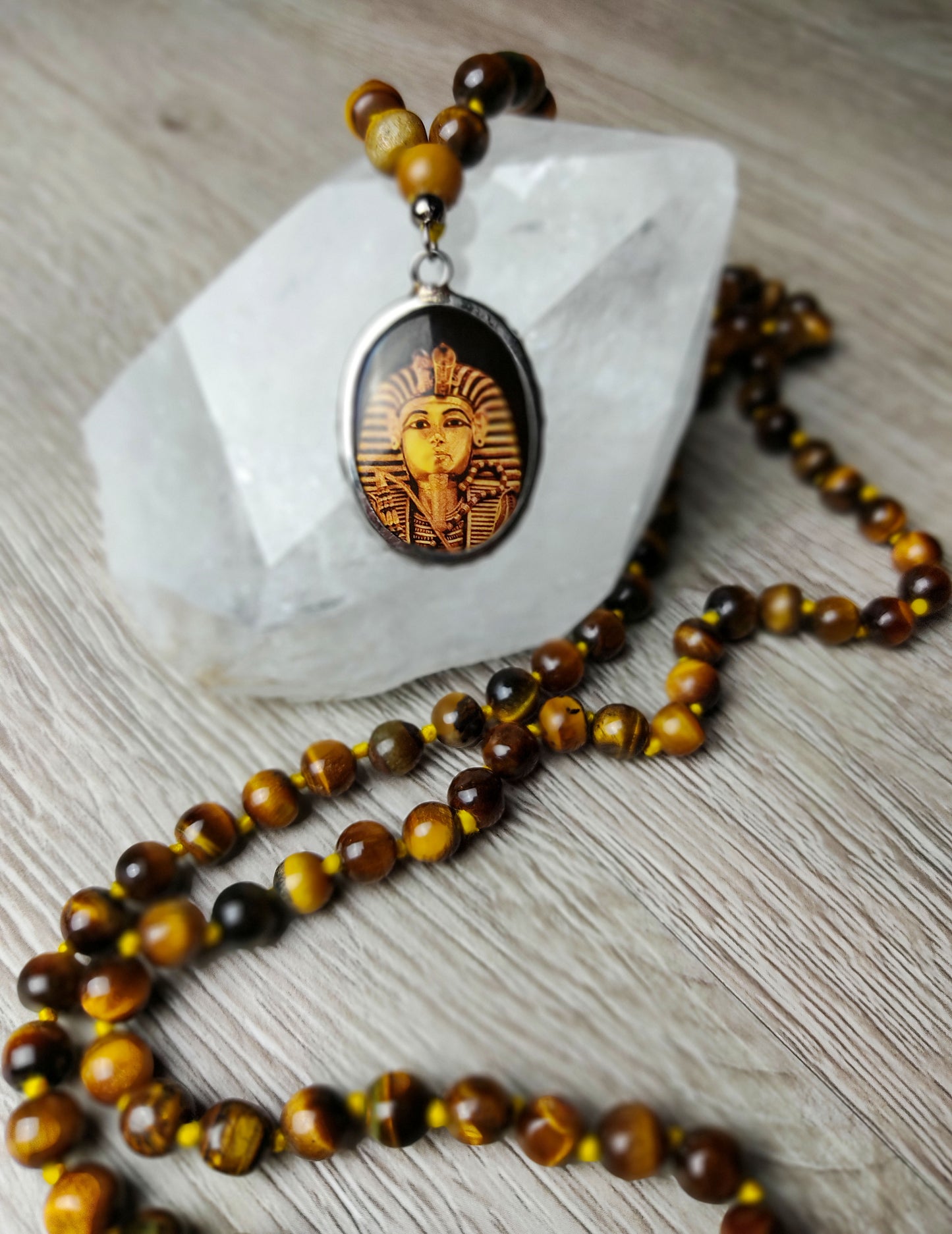Egypt King Tutankhamun Pendant with Real Tiger Eye Beads Mala Necklace 34"