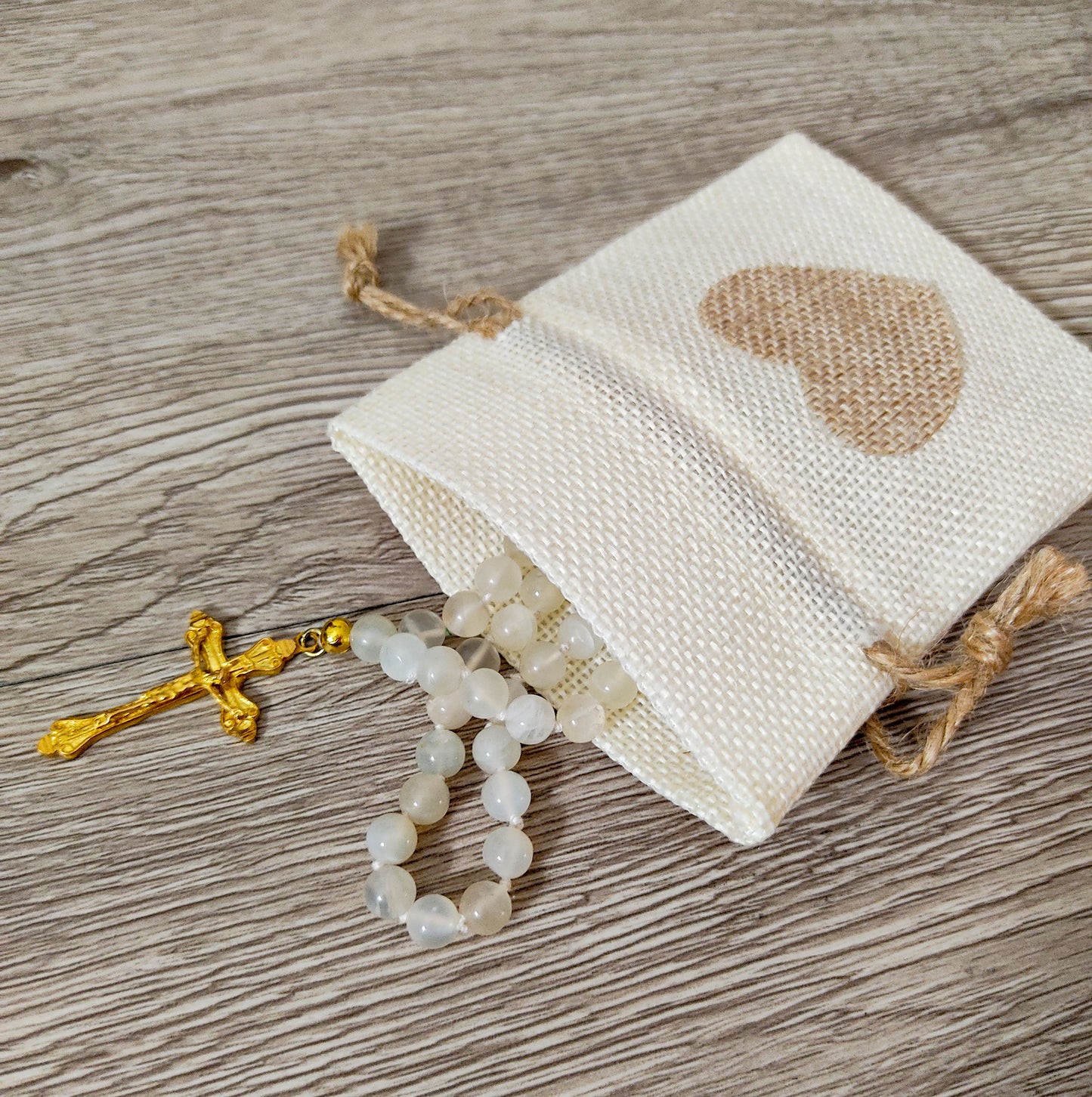 Moonstone Beads Mala Necklace with Gold Plated Crucifix Pendant 31" Handmade