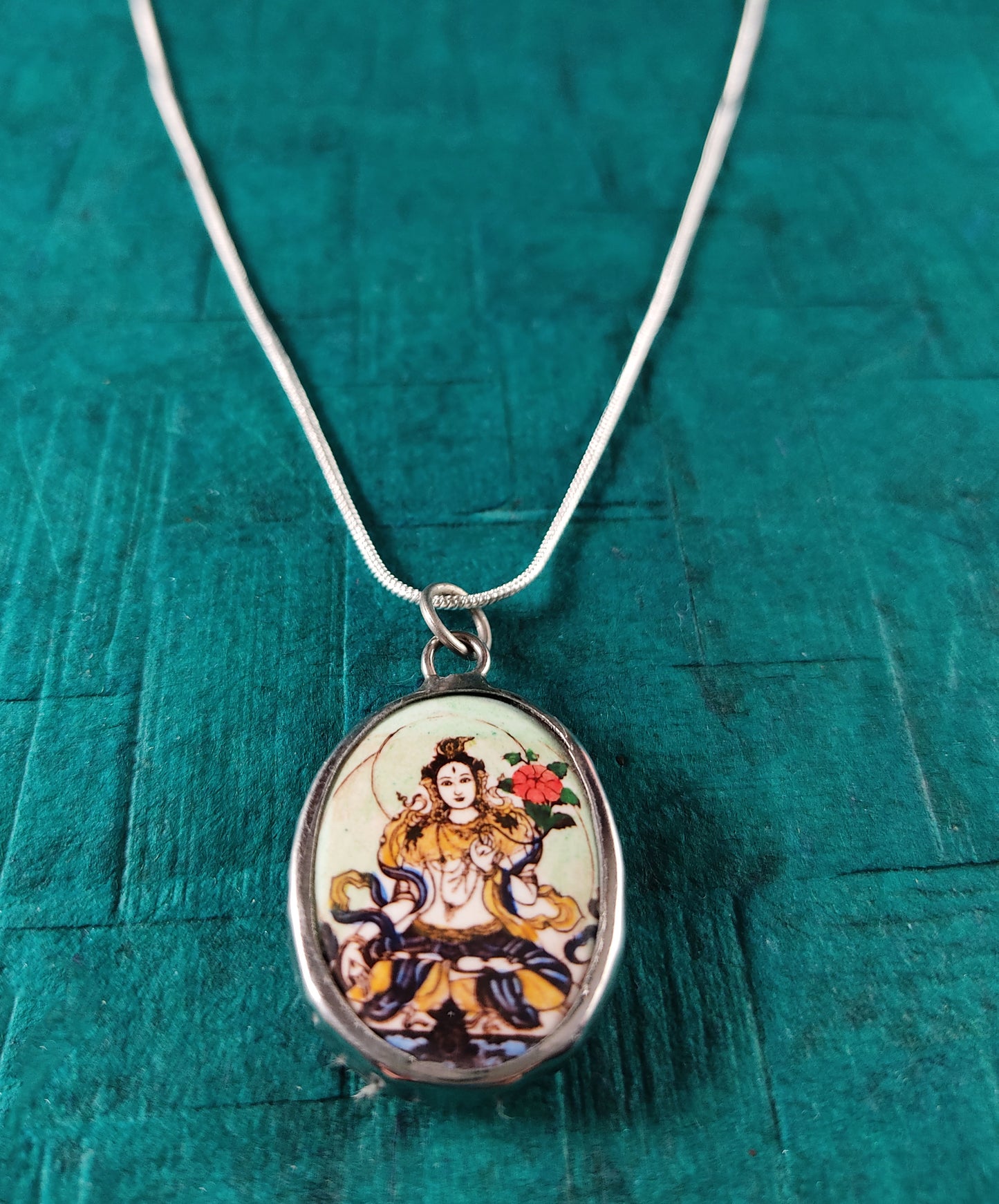 White Tara Pendant - 20" Silver Plated Snake Chain Necklace - Buddhism Gift